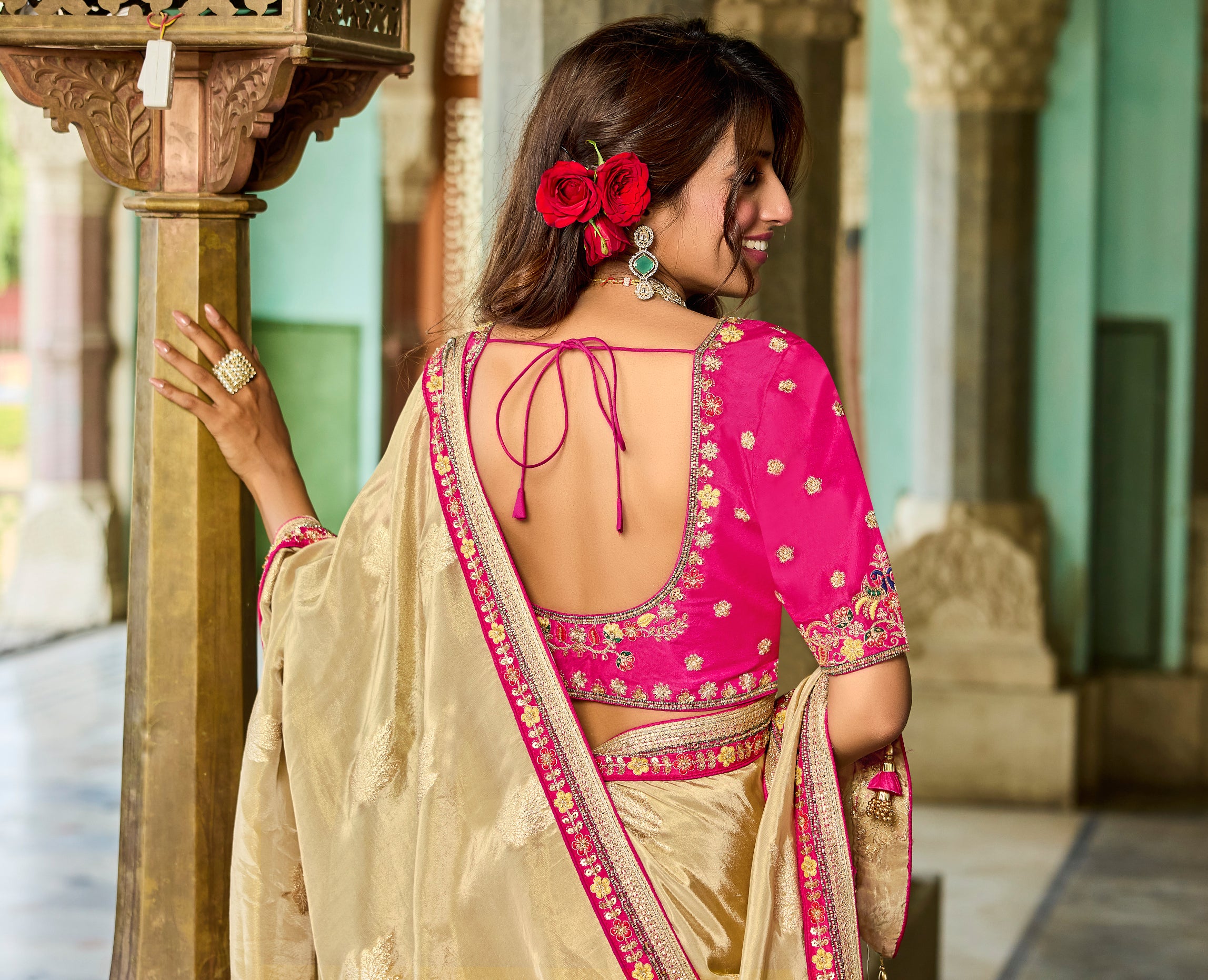 Ivory Saree with Pink Embroidery - Krishree