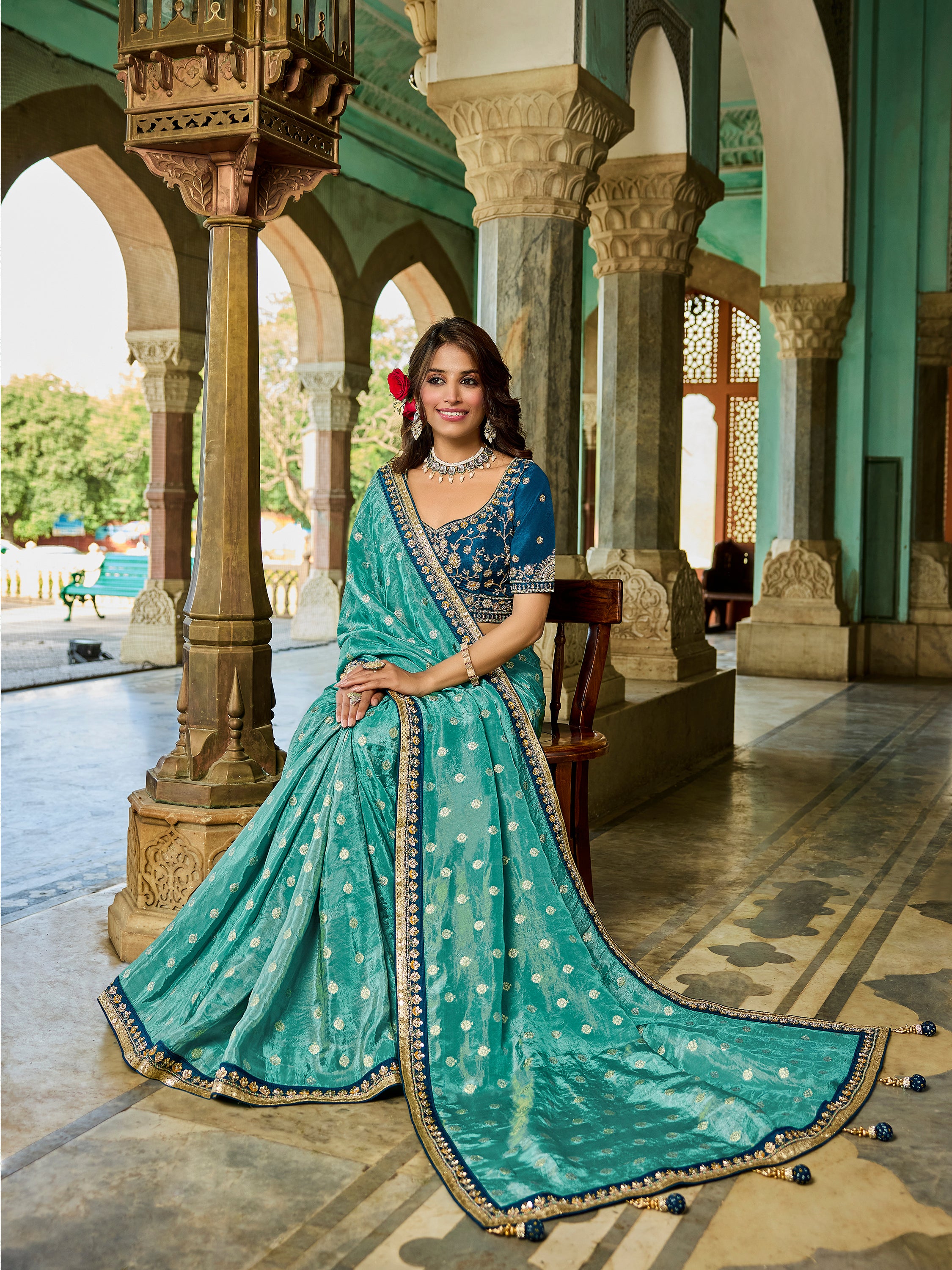 Royal Teal Blue Viscose Saree with Navy Blue Embroidered Blouse - Krishree