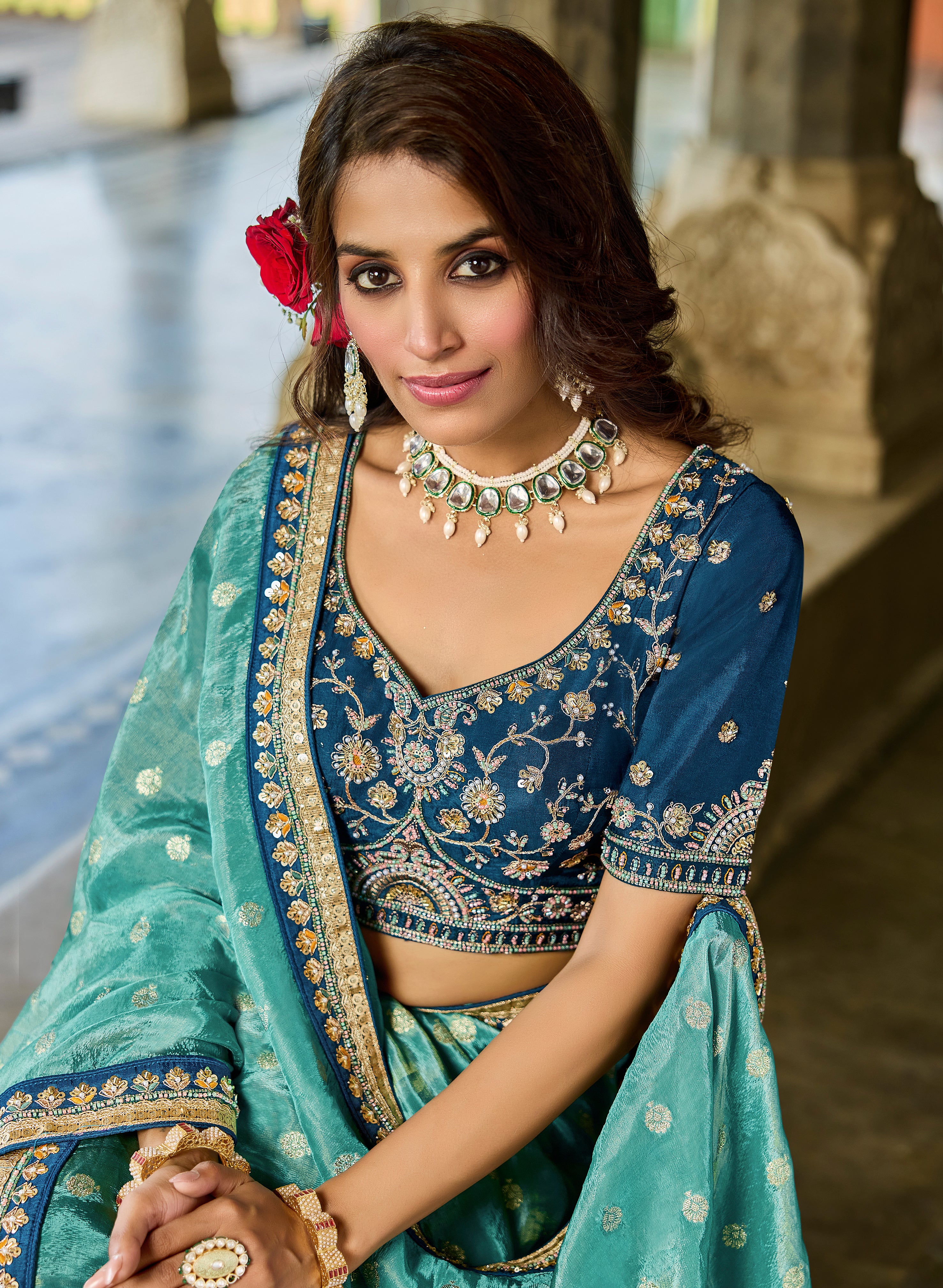 Royal Teal Blue Viscose Saree with Navy Blue Embroidered Blouse - Krishree