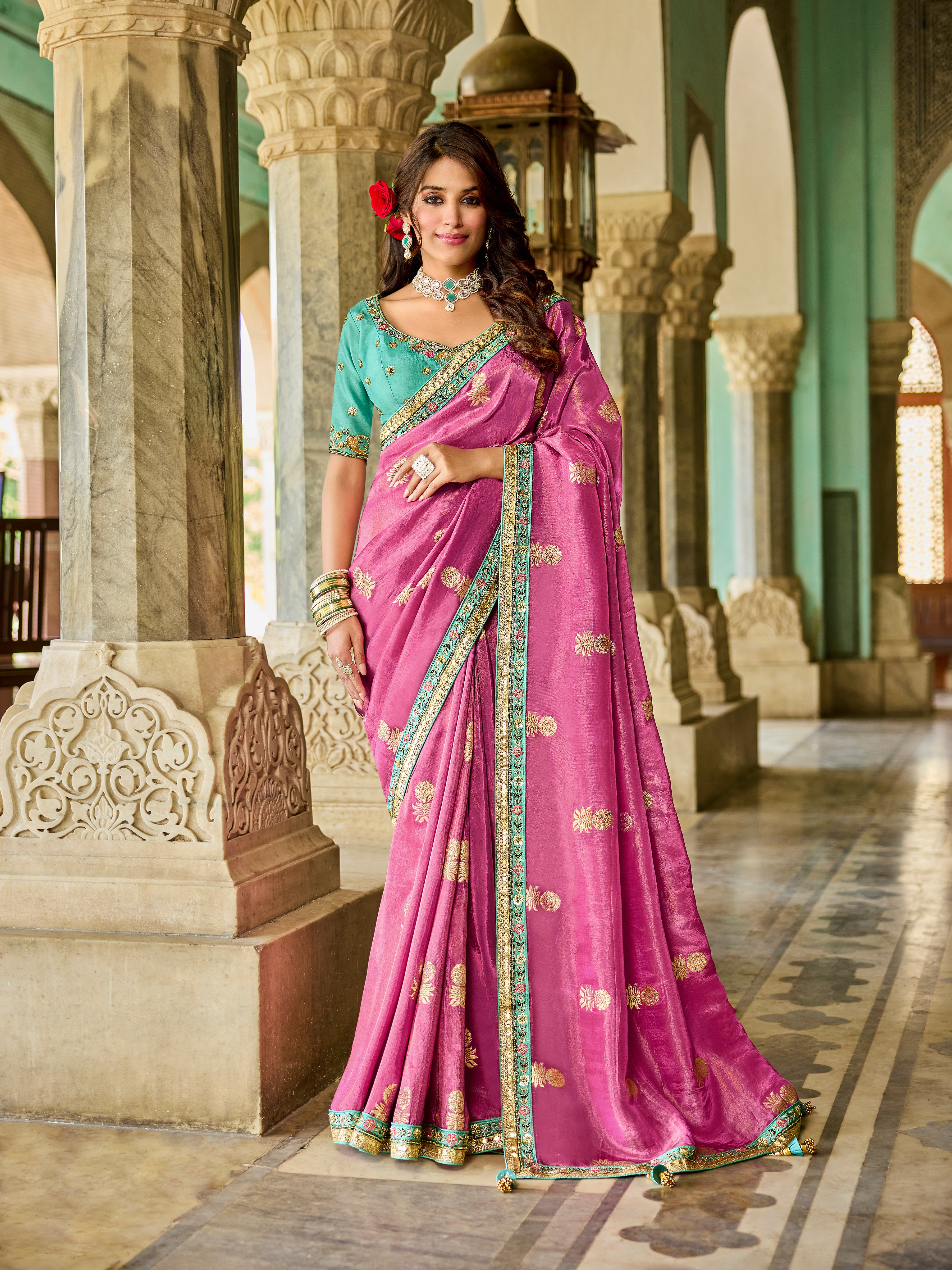 Royal Pink Saree | Golden Motif Detailing with Turquoise Contrast Blouse - Krishree