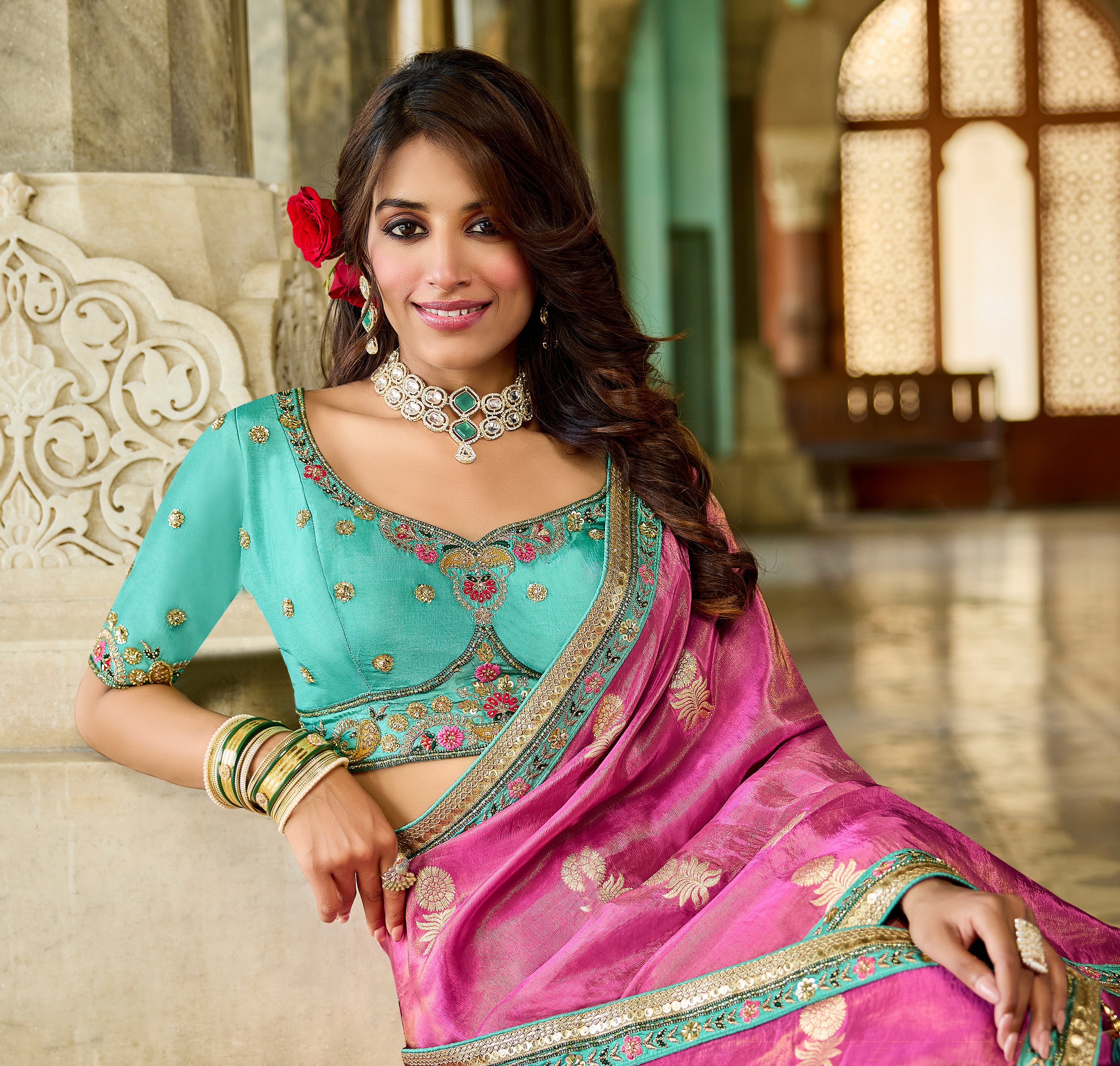 Royal Pink Saree | Golden Motif Detailing with Turquoise Contrast Blouse - Krishree