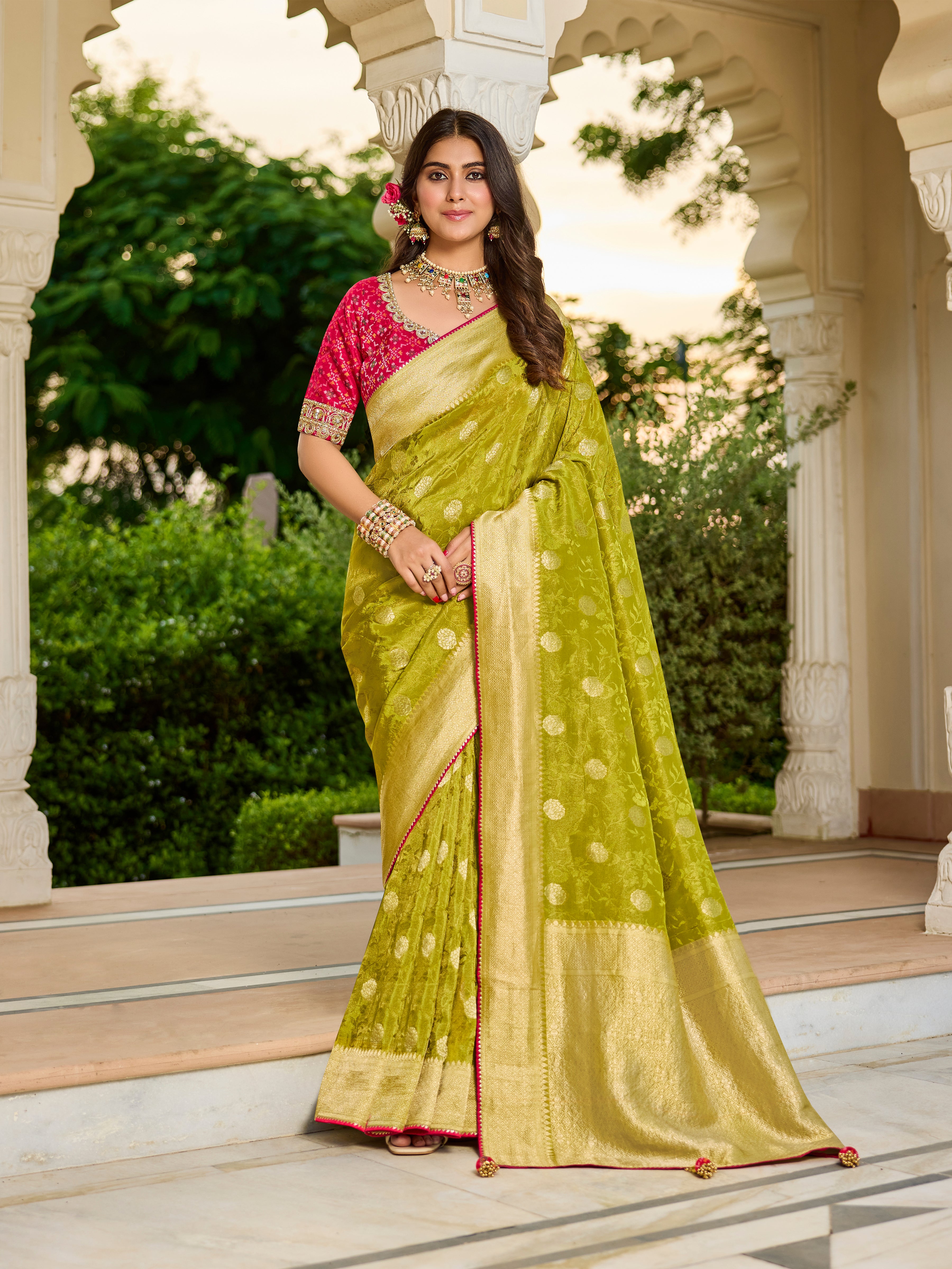 Green Saree with Contrasting Pink Blouse - Krishree