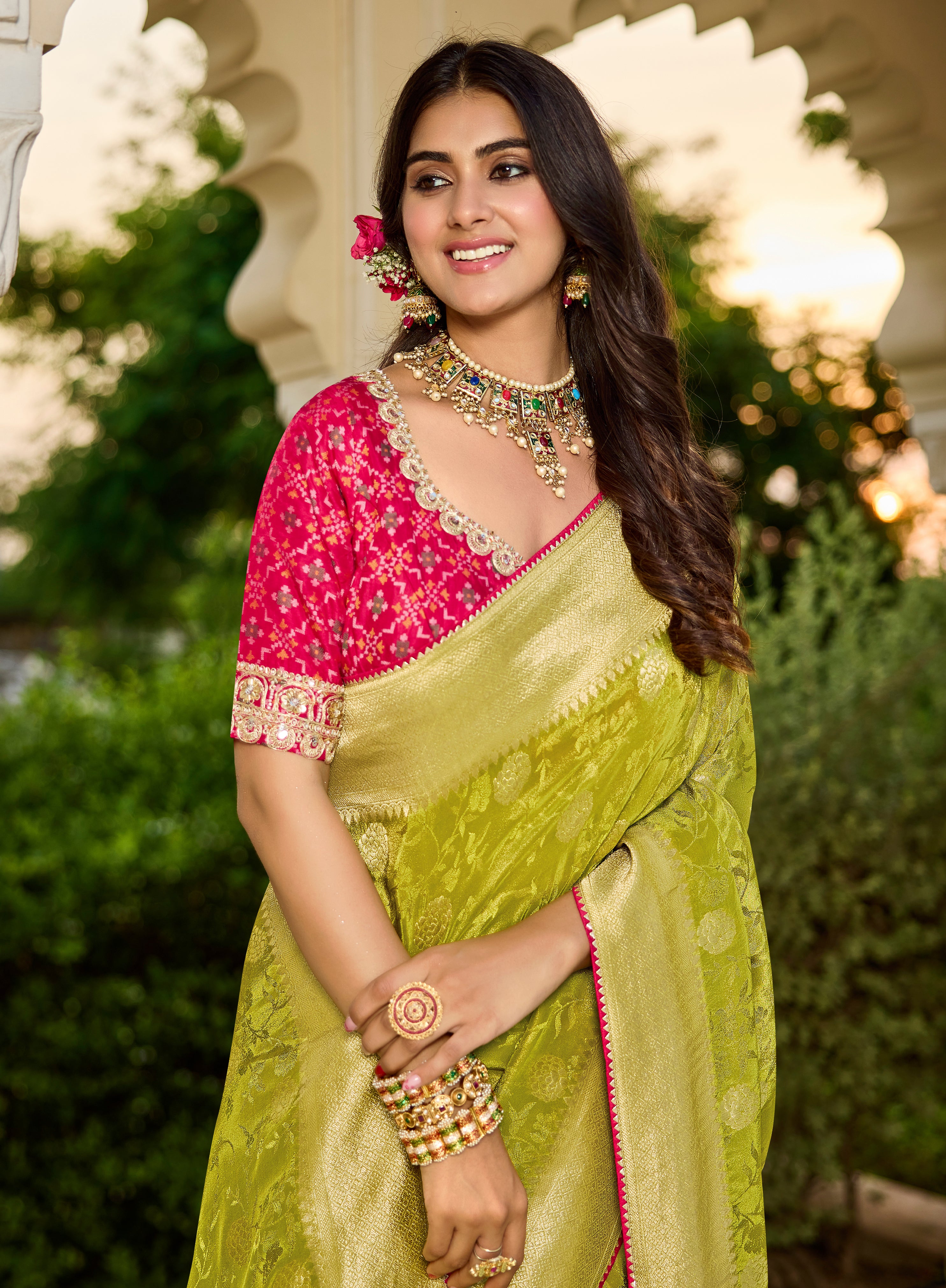 Green Saree with Contrasting Pink Blouse - Krishree