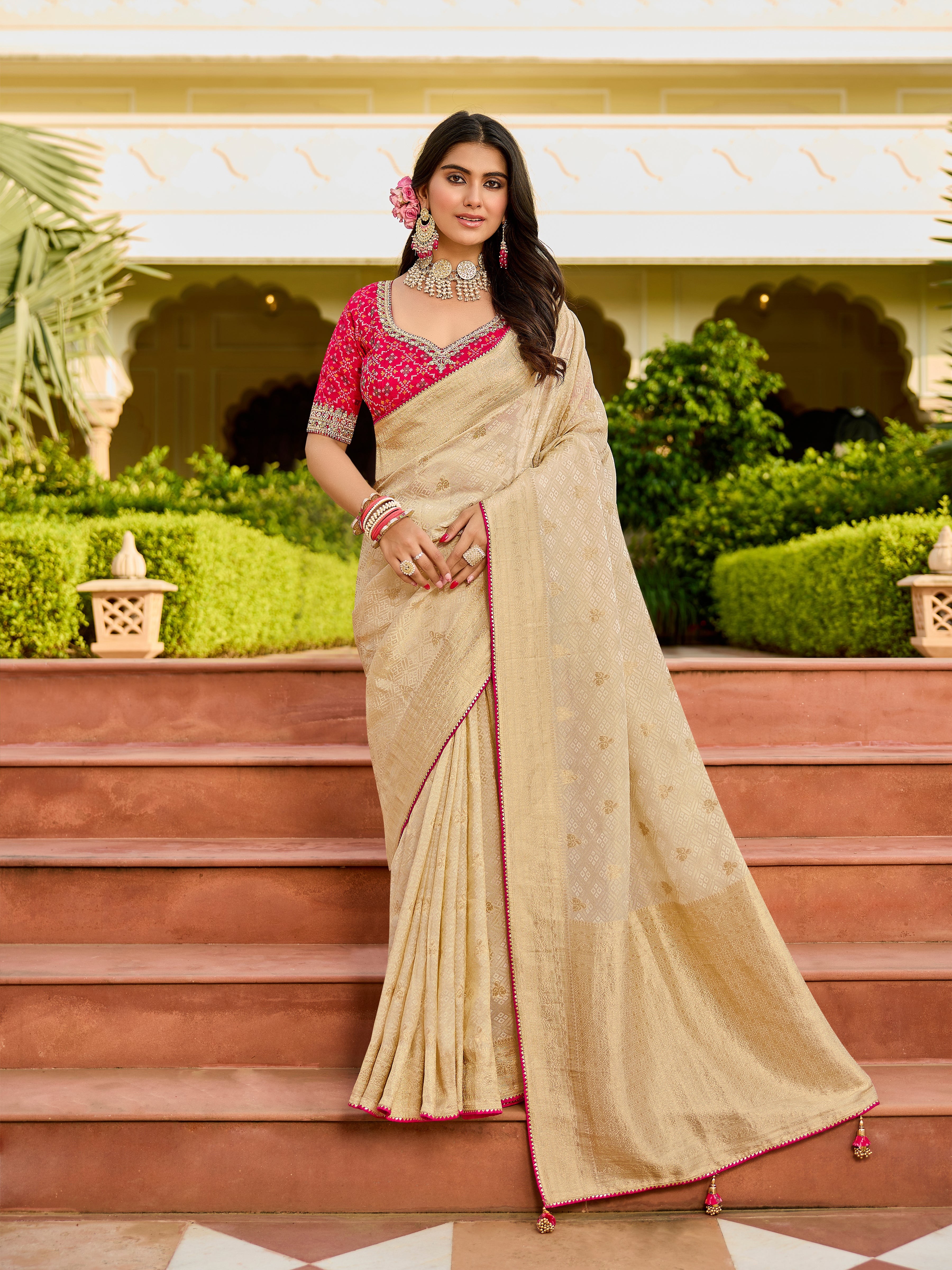 Premium Beige Saree with Pink Embroidered Blouse - Krishree