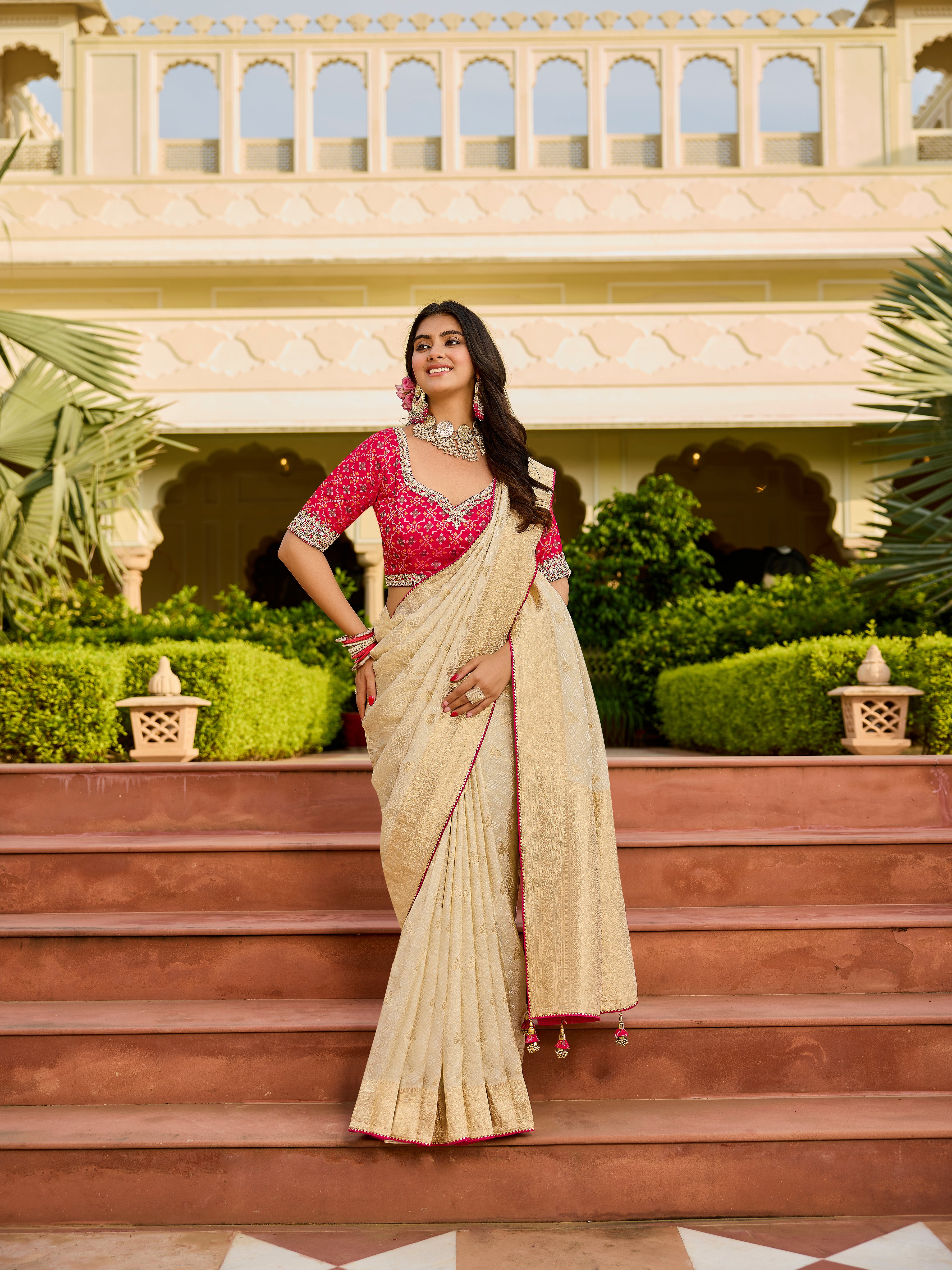 Premium Beige Saree with Pink Embroidered Blouse - Krishree
