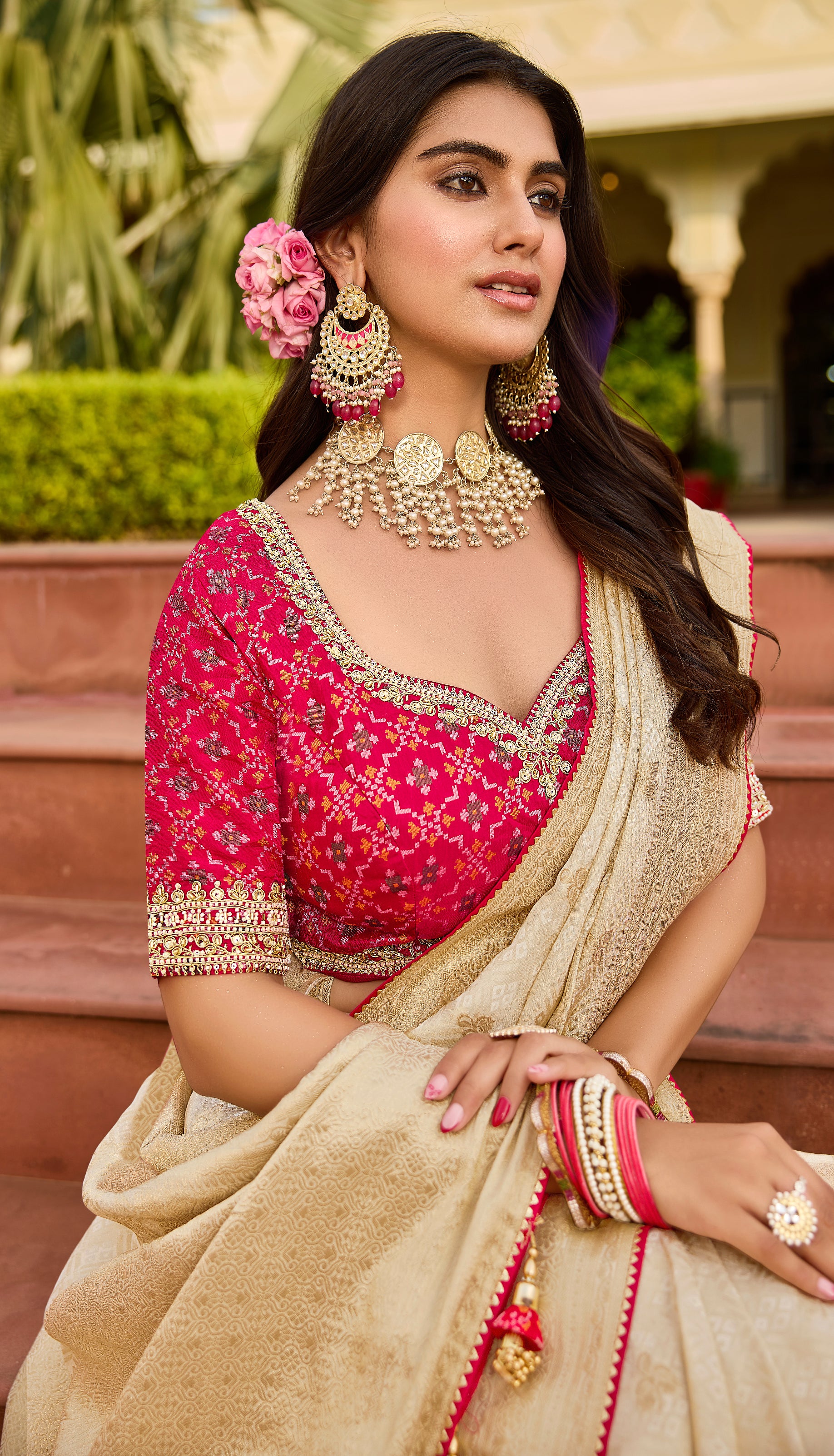 Premium Beige Saree with Pink Embroidered Blouse - Krishree