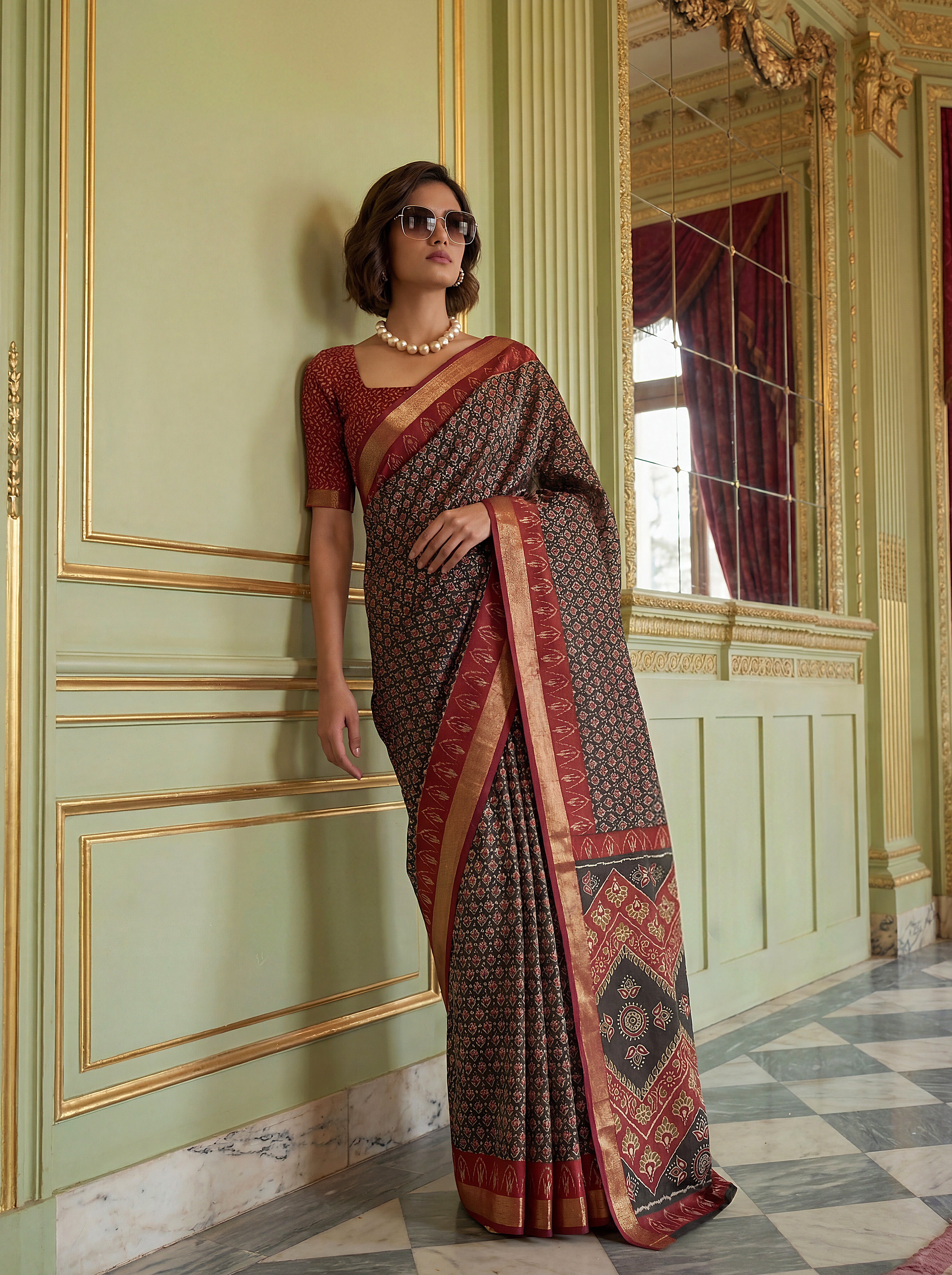 Geometric Motif Saree with Zari Border
