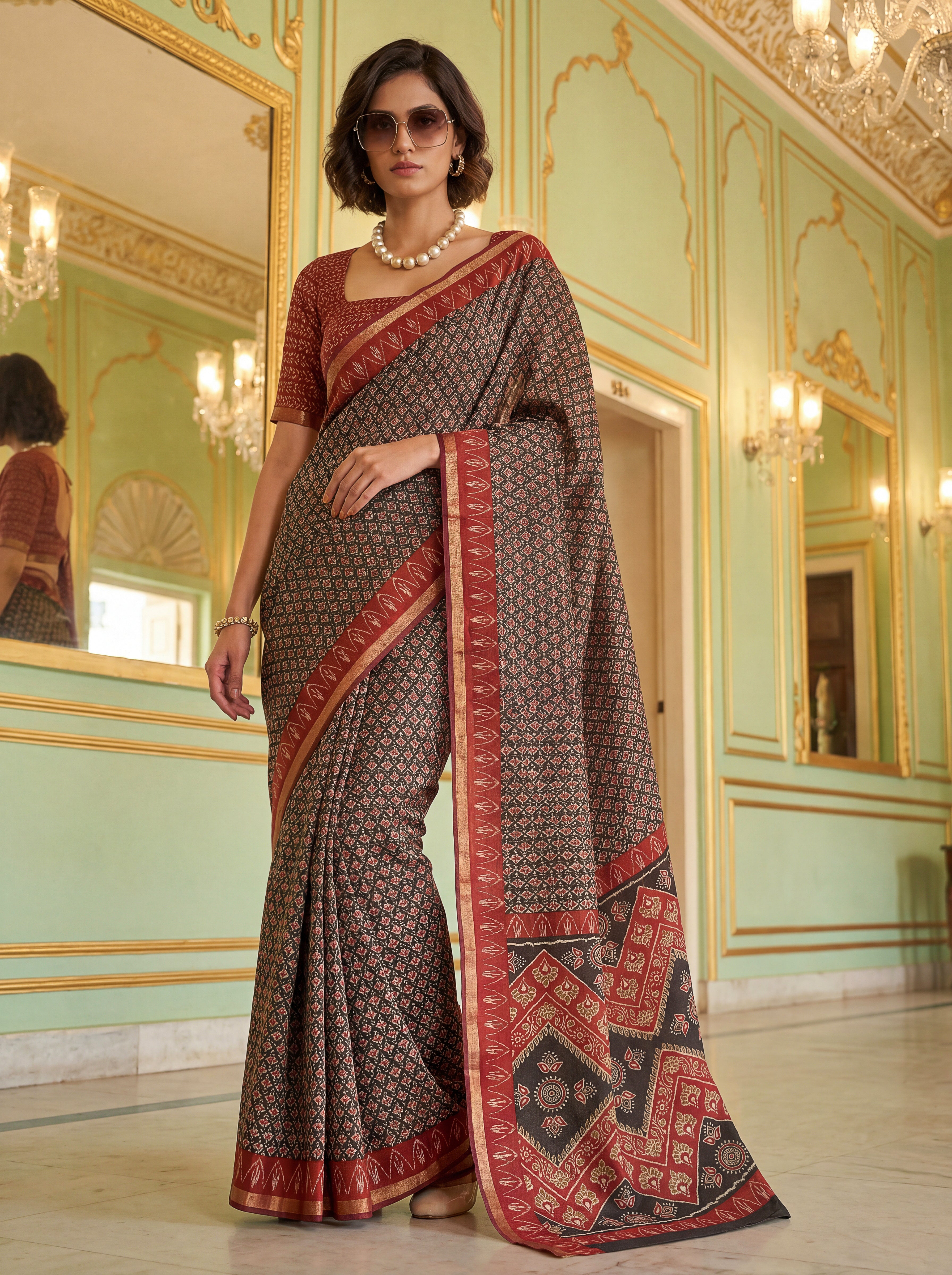 Geometric Motif Saree with Zari Border