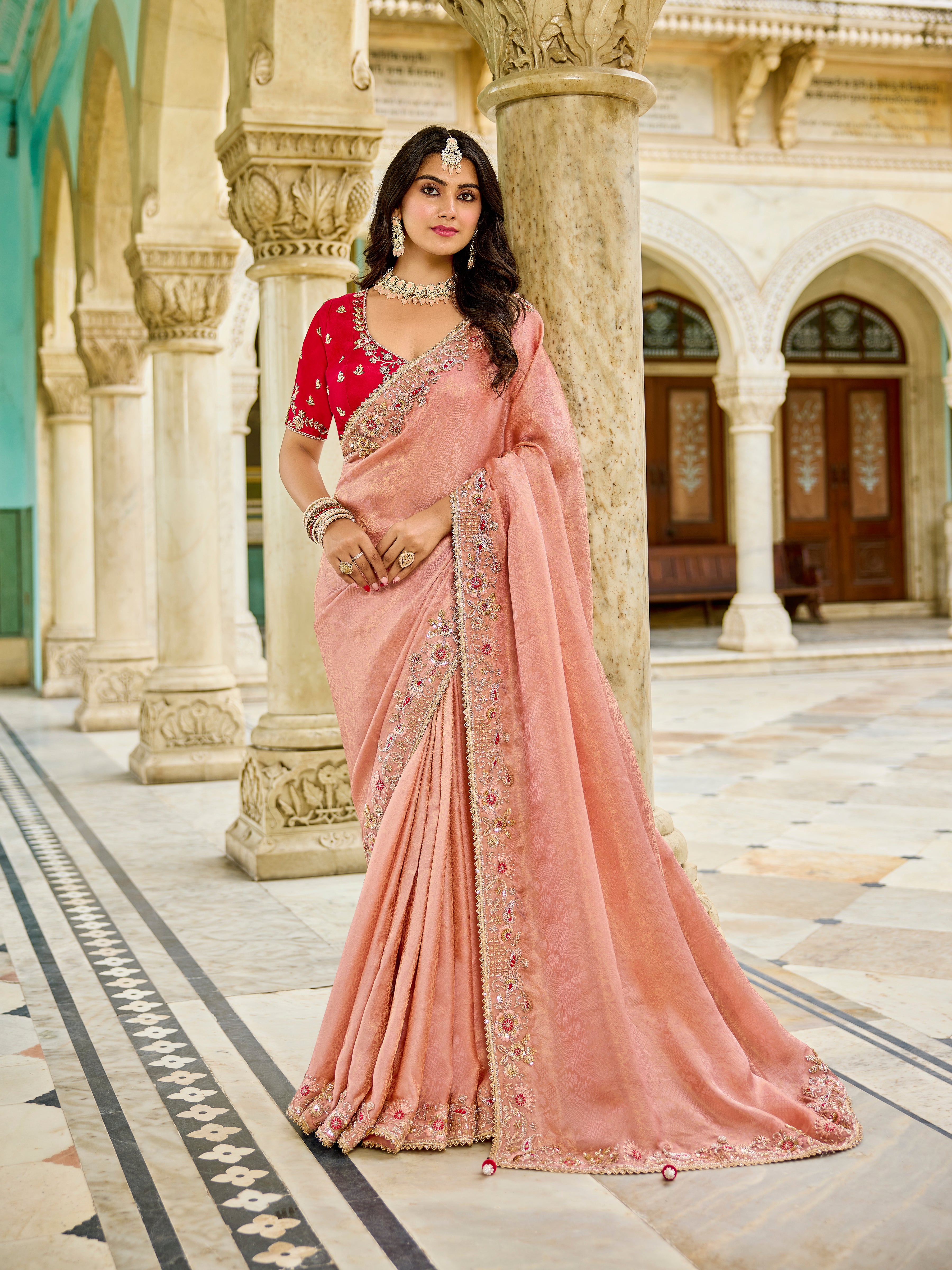 Peach & Red Designer Saree | Modern Ethnic Glamour for Festive Wear - Krishree