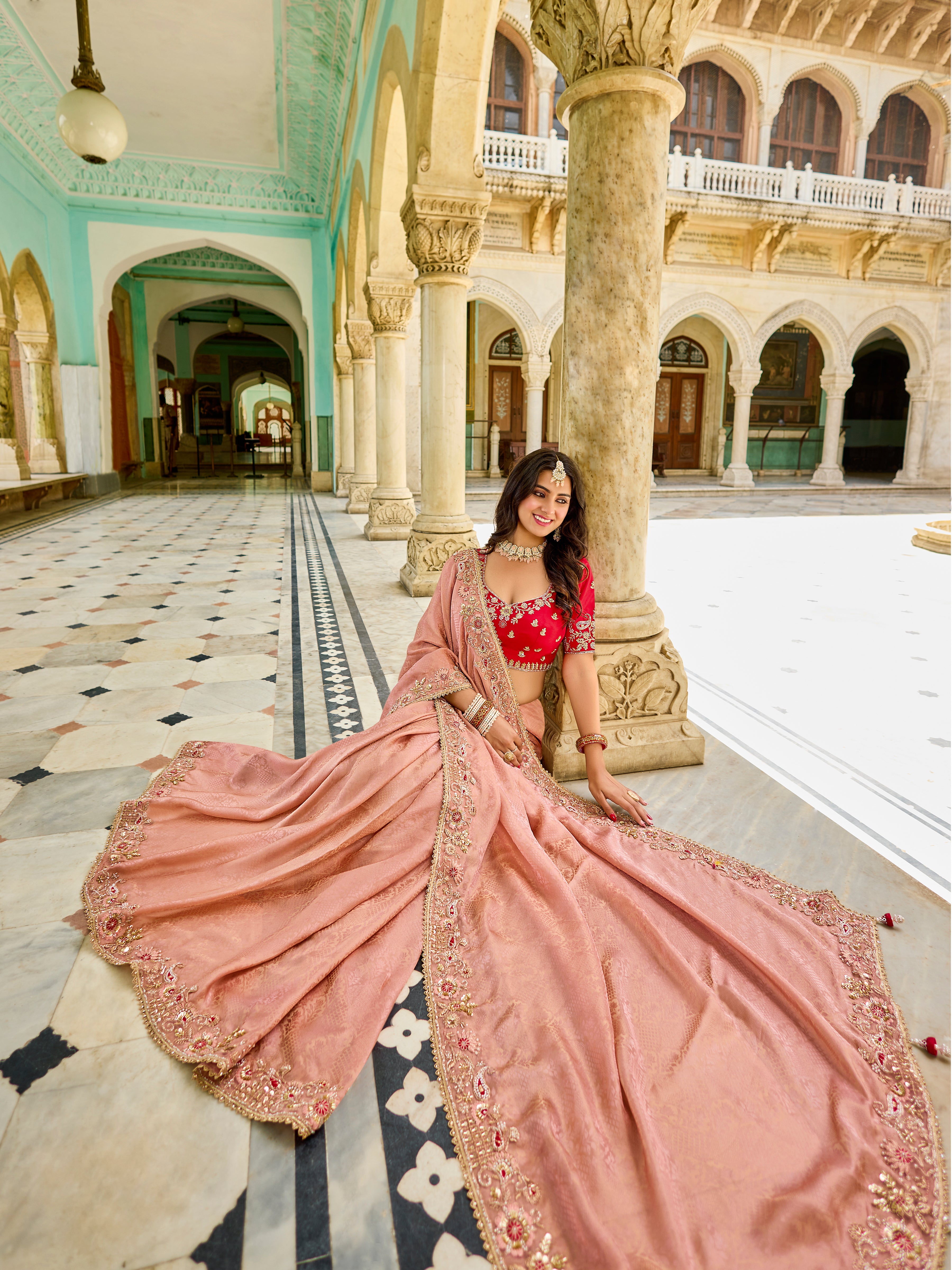 Peach & Red Designer Saree | Modern Ethnic Glamour for Festive Wear - Krishree