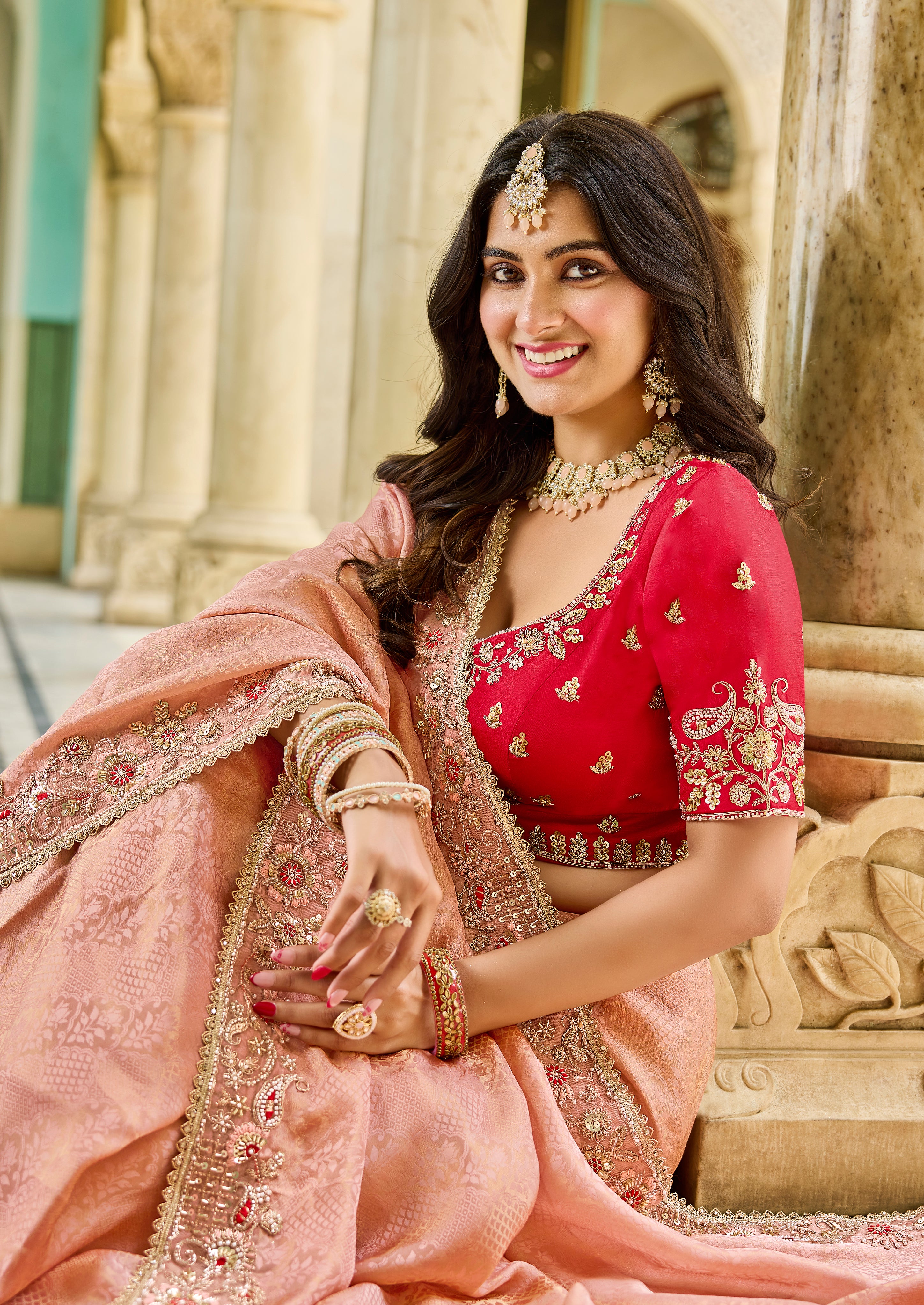 Peach & Red Designer Saree | Modern Ethnic Glamour for Festive Wear - Krishree