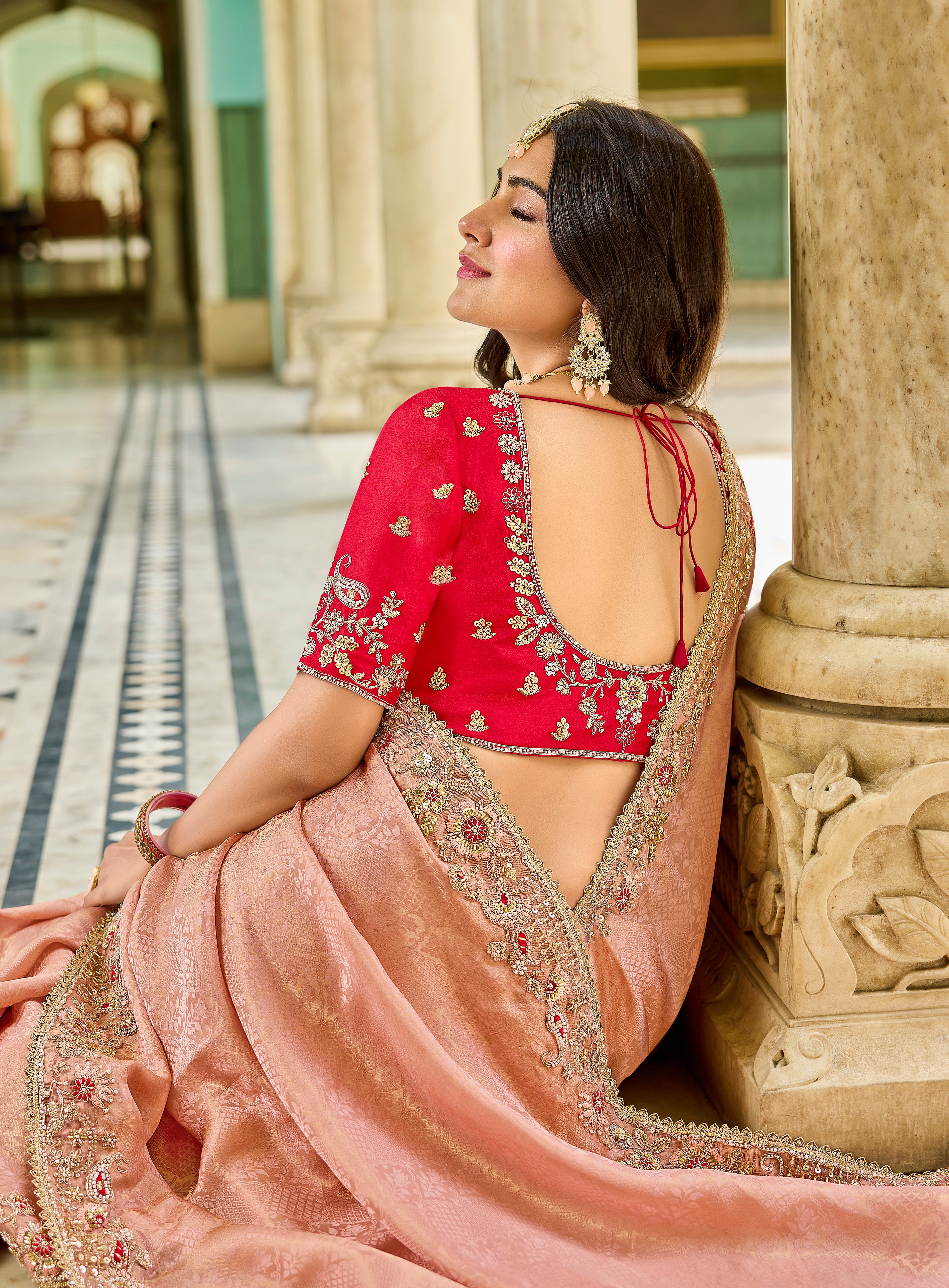 Peach & Red Designer Saree | Modern Ethnic Glamour for Festive Wear - Krishree