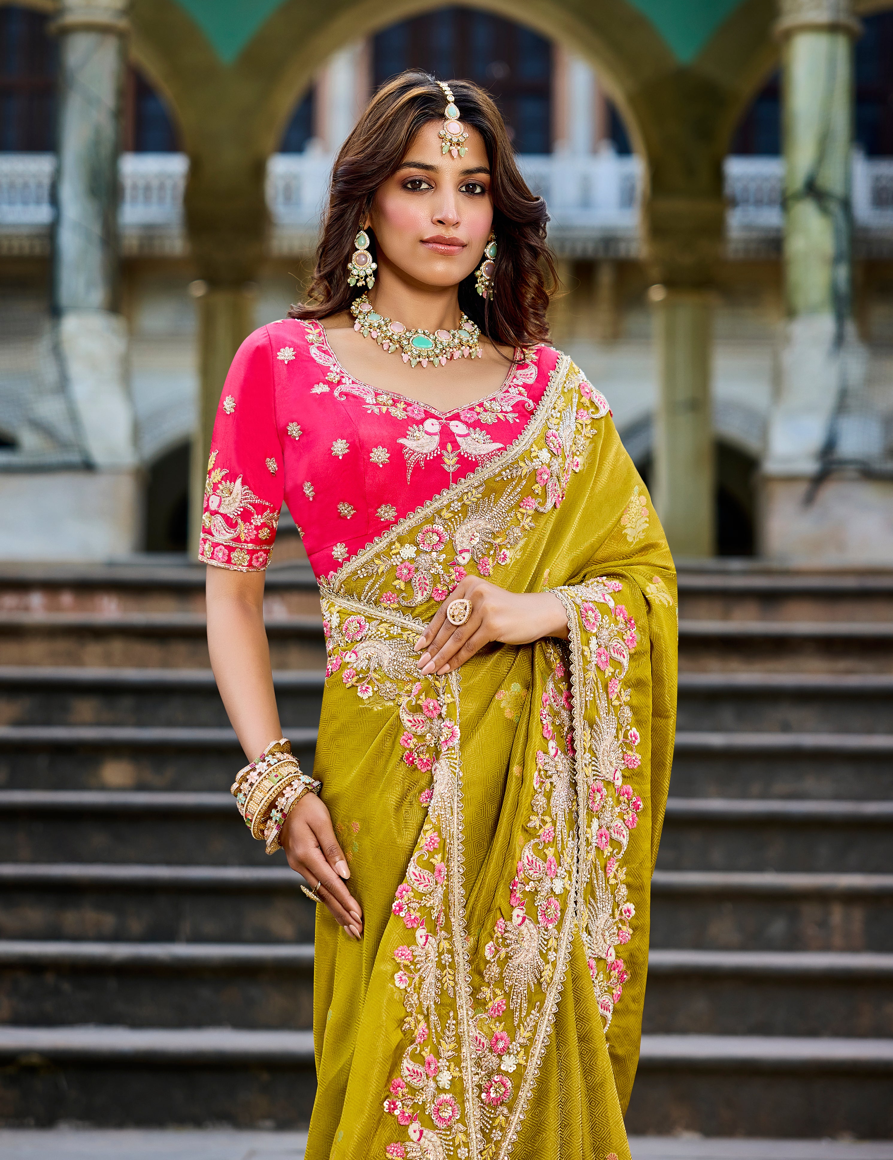 Mustard Yellow Saree with Floral Embroidery | Elegant Wedding & Party Wear - Krishree