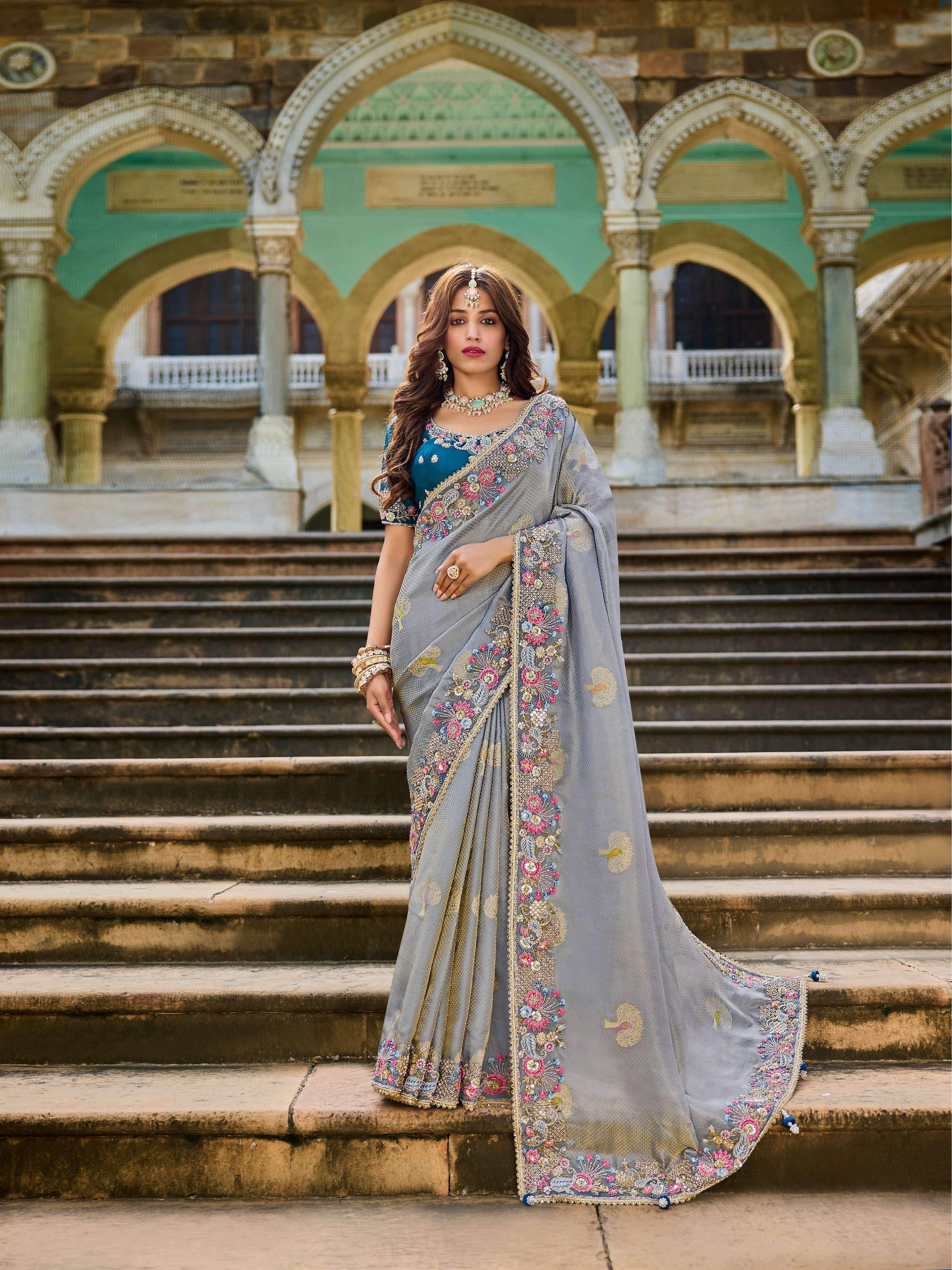 Graceful Grey Saree | Embroidered Border with Teal Blue Blouse - Krishree