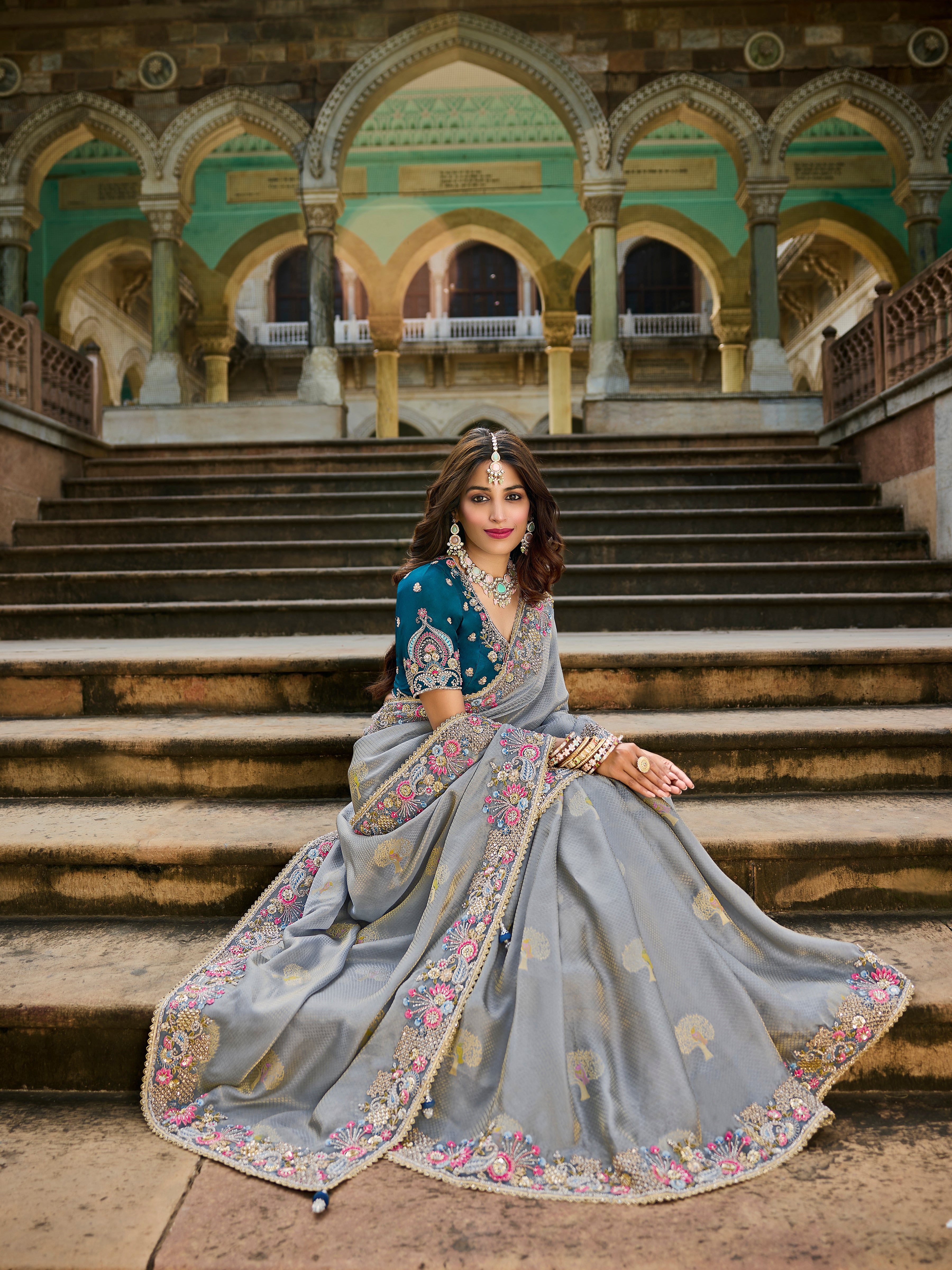 Graceful Grey Saree | Embroidered Border with Teal Blue Blouse - Krishree