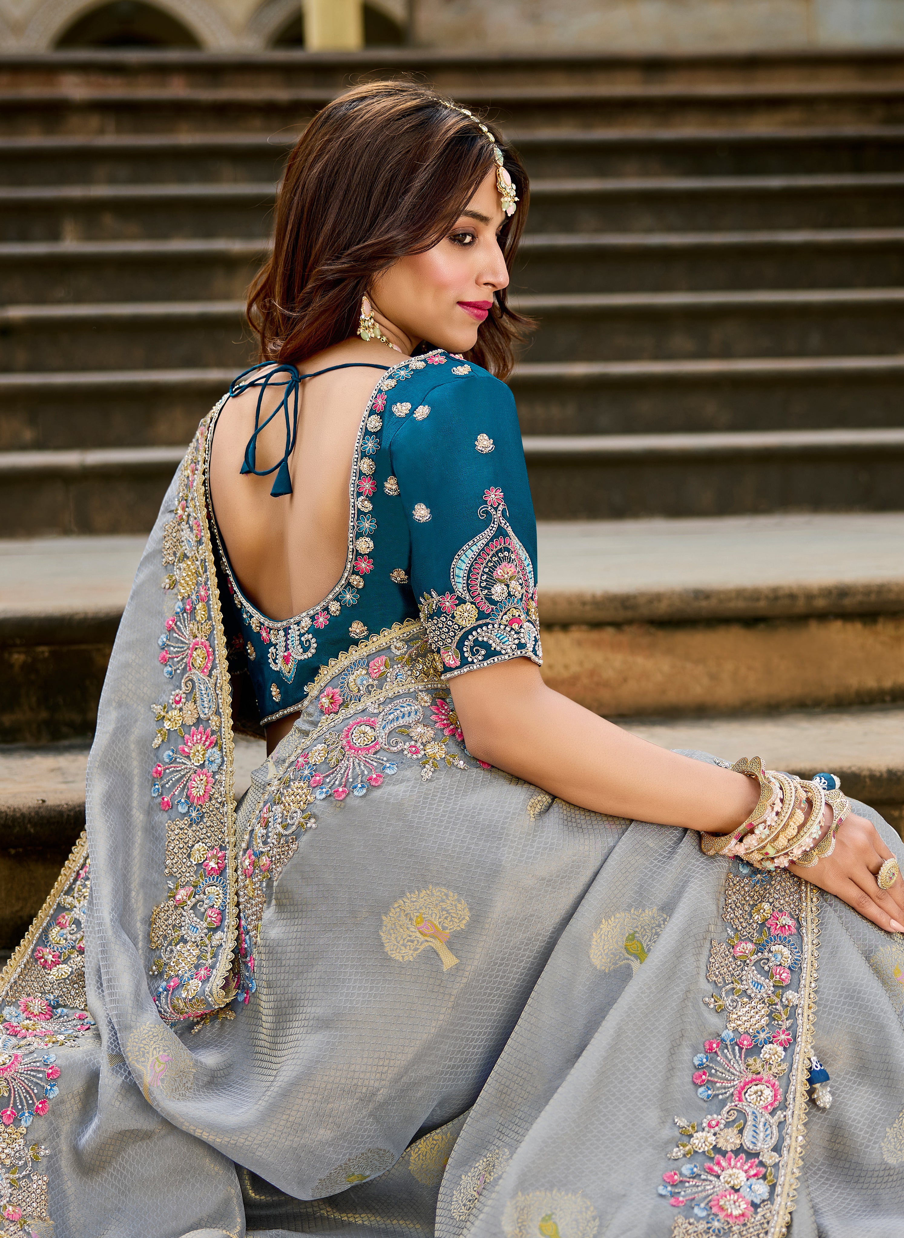 Graceful Grey Saree | Embroidered Border with Teal Blue Blouse - Krishree