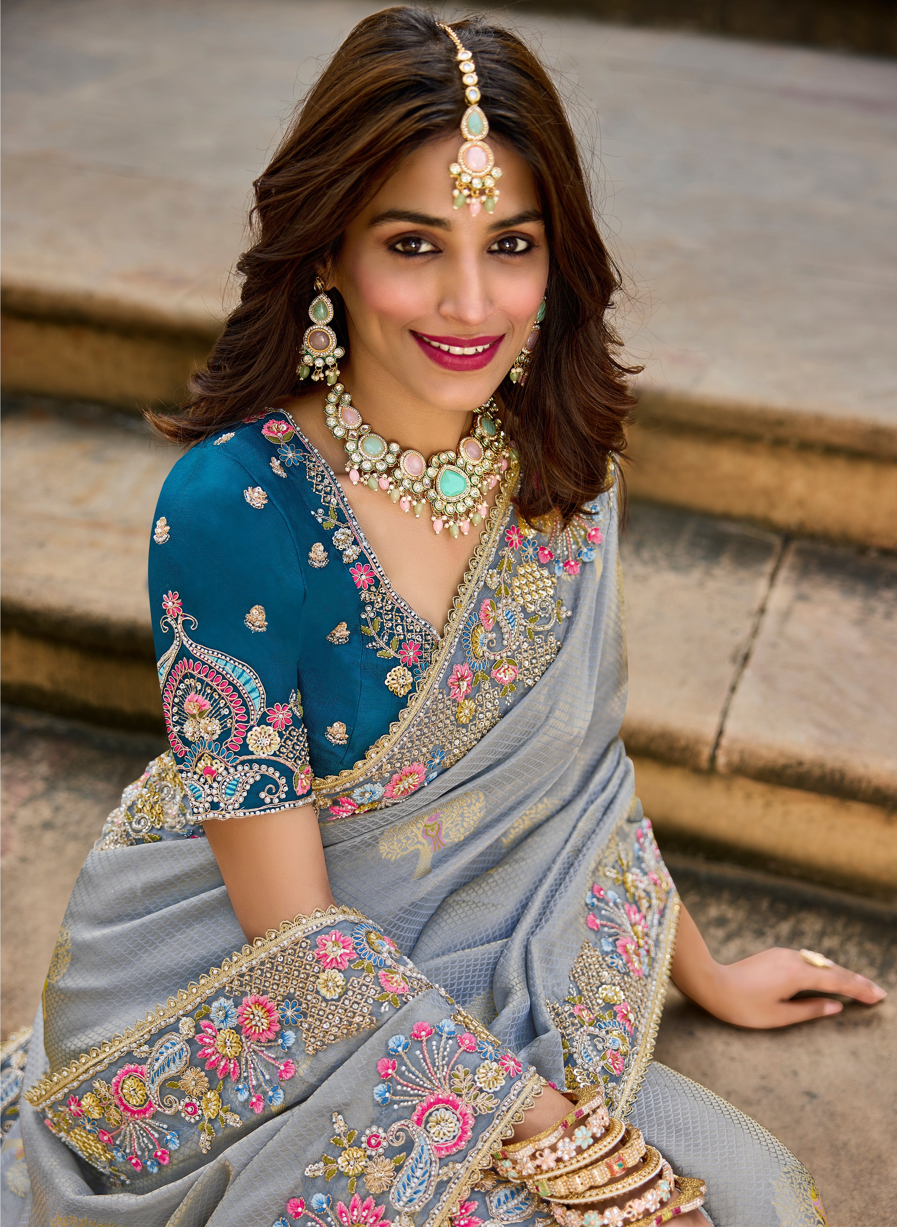 Graceful Grey Saree | Embroidered Border with Teal Blue Blouse - Krishree