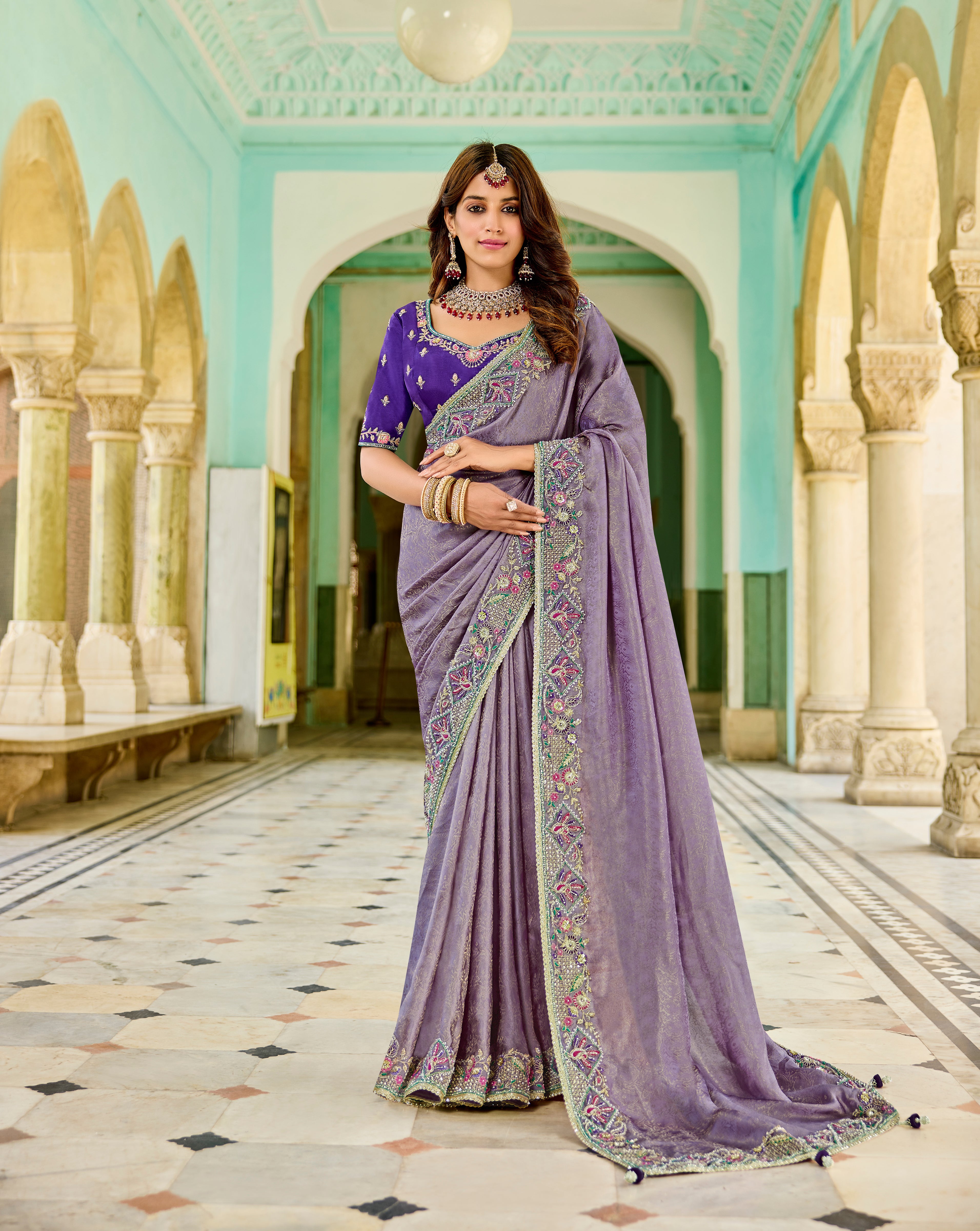 Lavender Glow Saree | Embroidered Elegance with Purple Blouse - Krishree