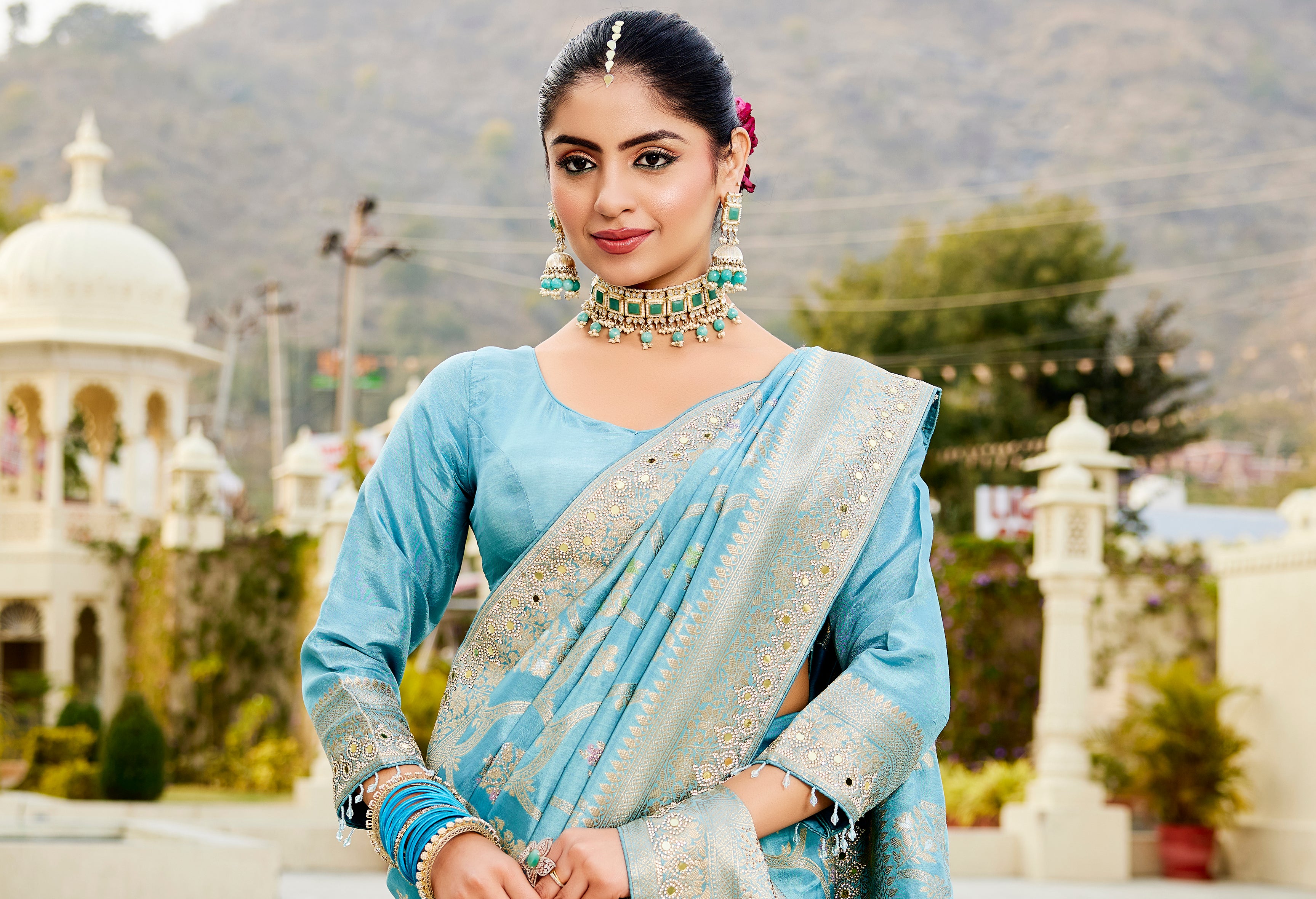 Elegant Sky Blue  Zarkan Work Saree