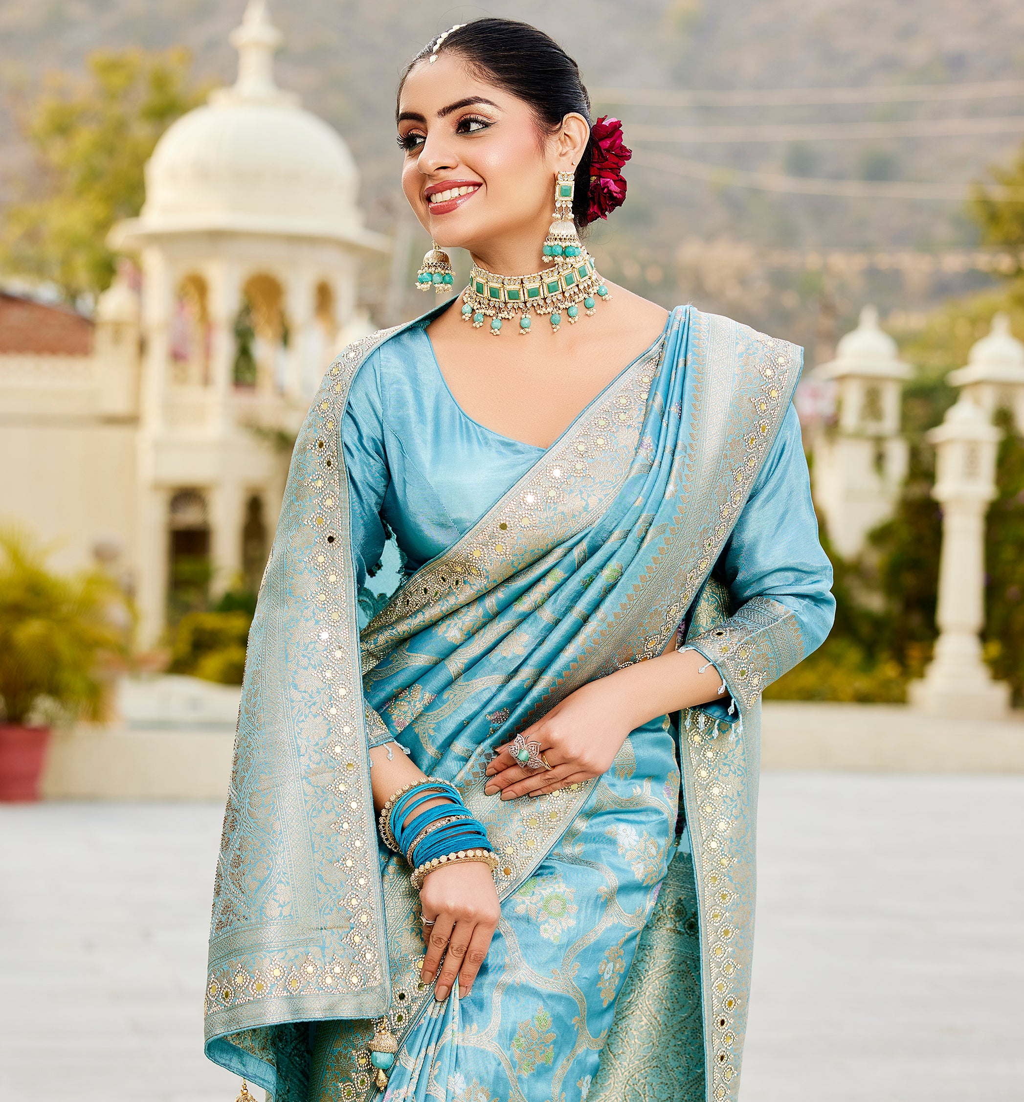 Elegant Sky Blue  Zarkan Work Saree