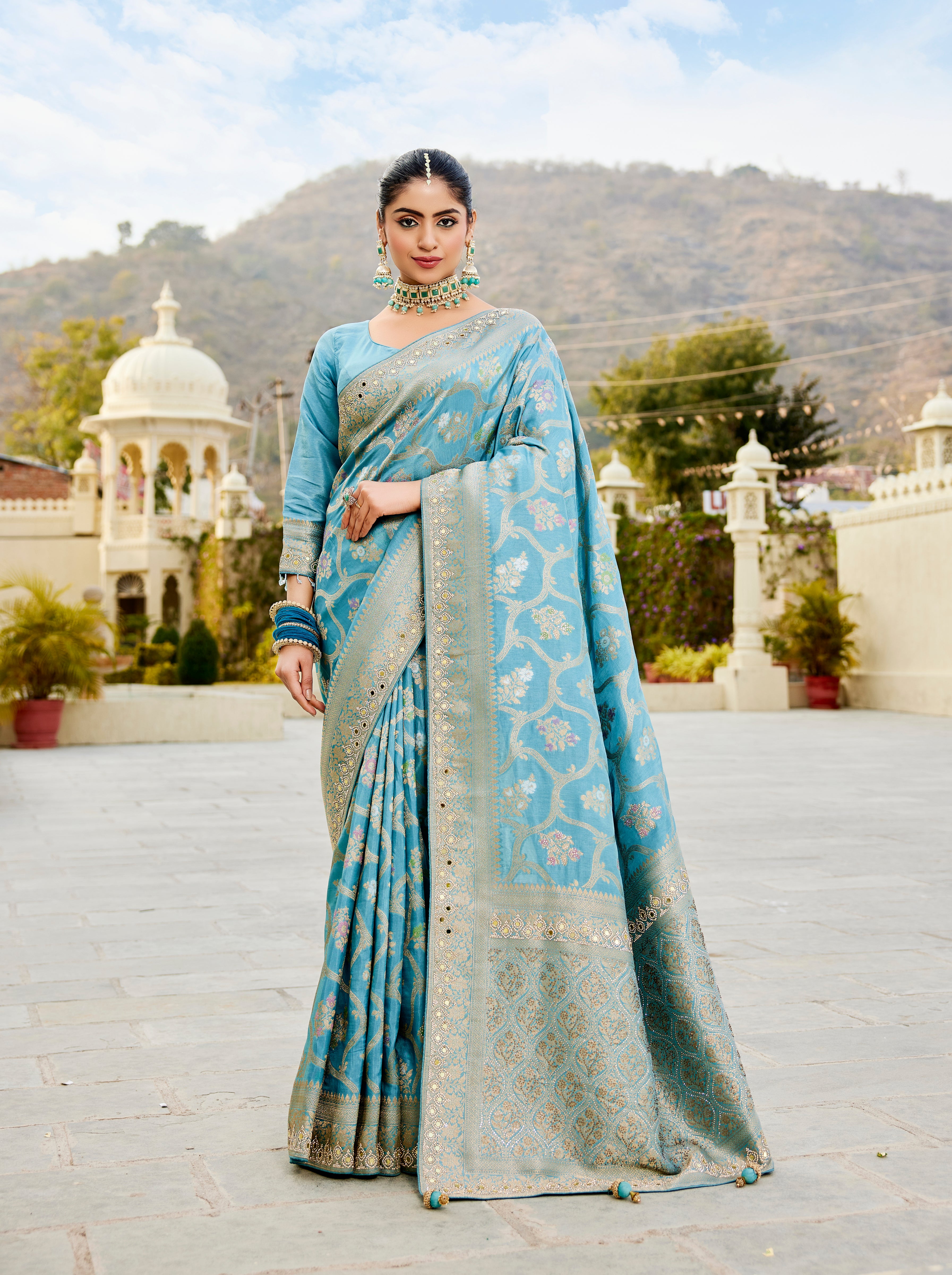 Elegant Sky Blue  Zarkan Work Saree
