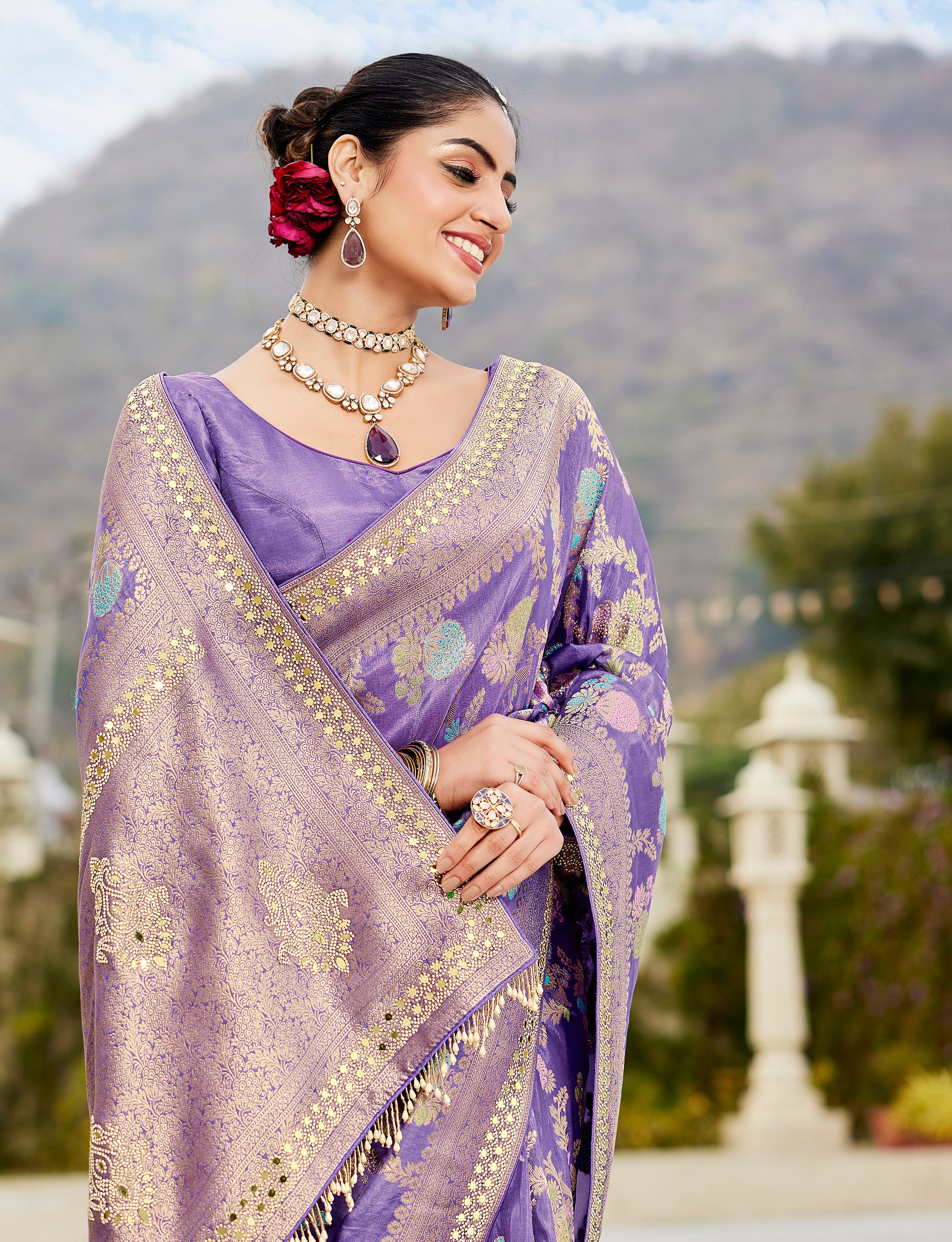 Purple Viscose Zarkan Work Saree