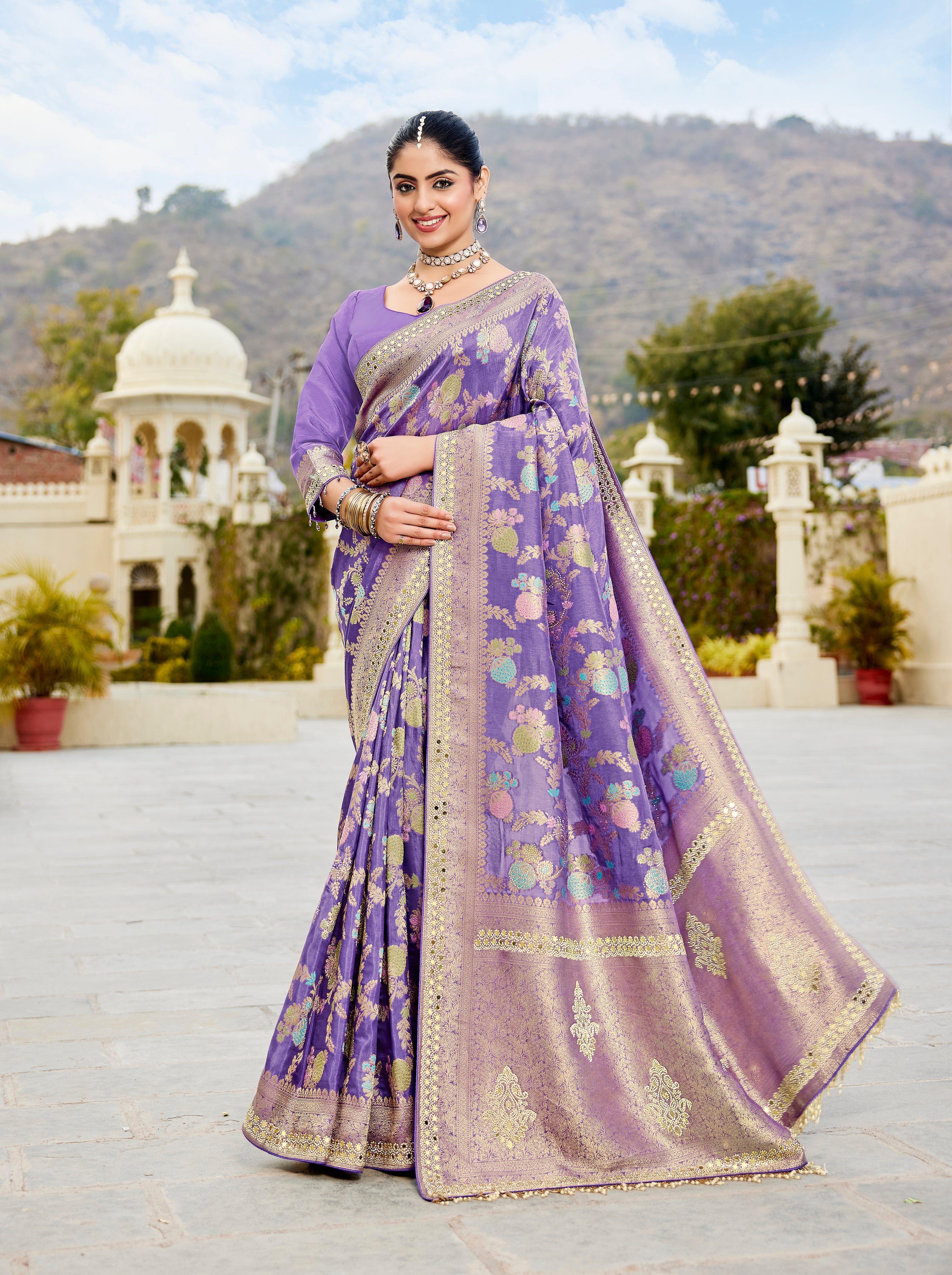 purple zarkan work saree