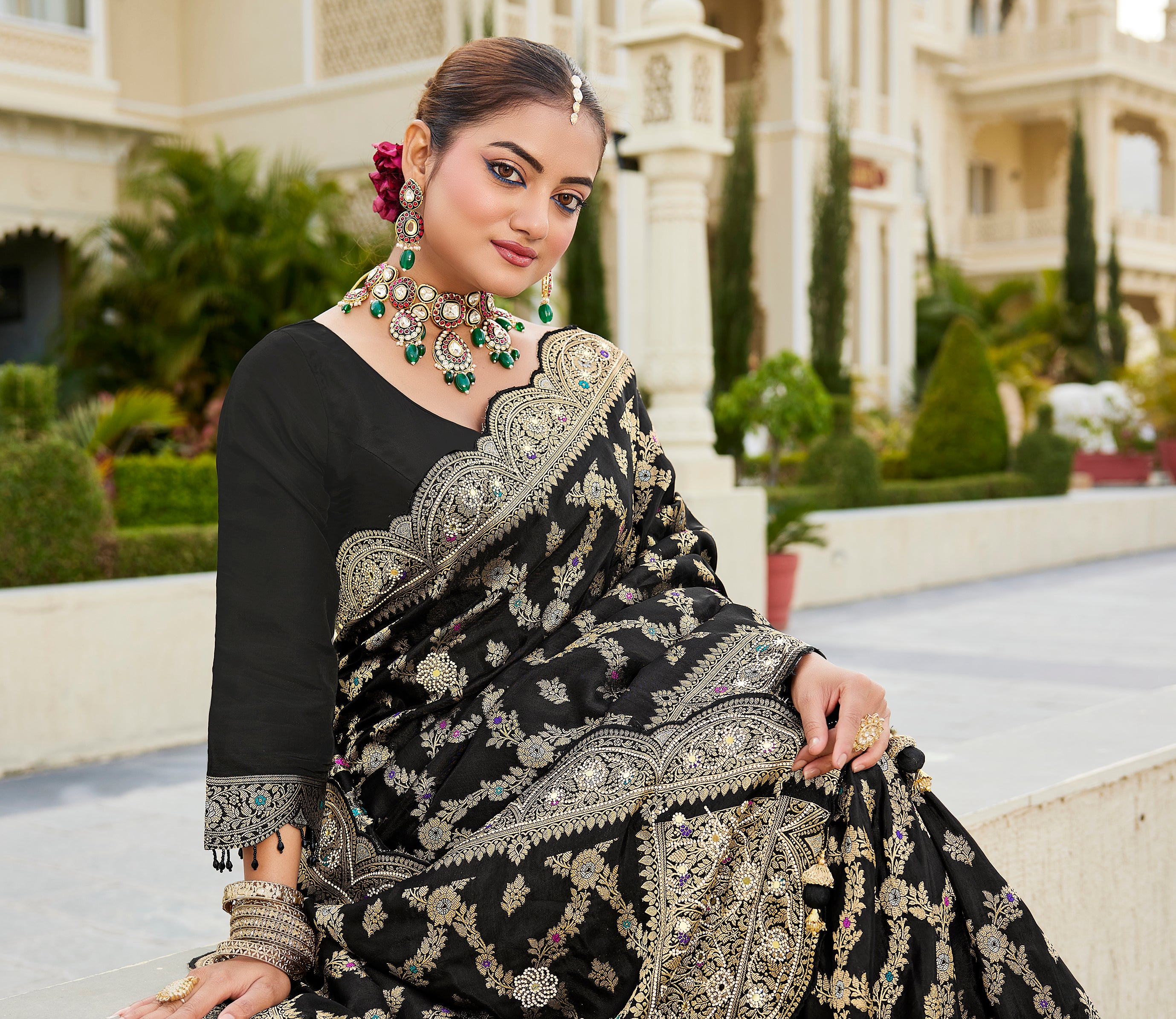 Ready-Made Black Zarkan Work Saree
