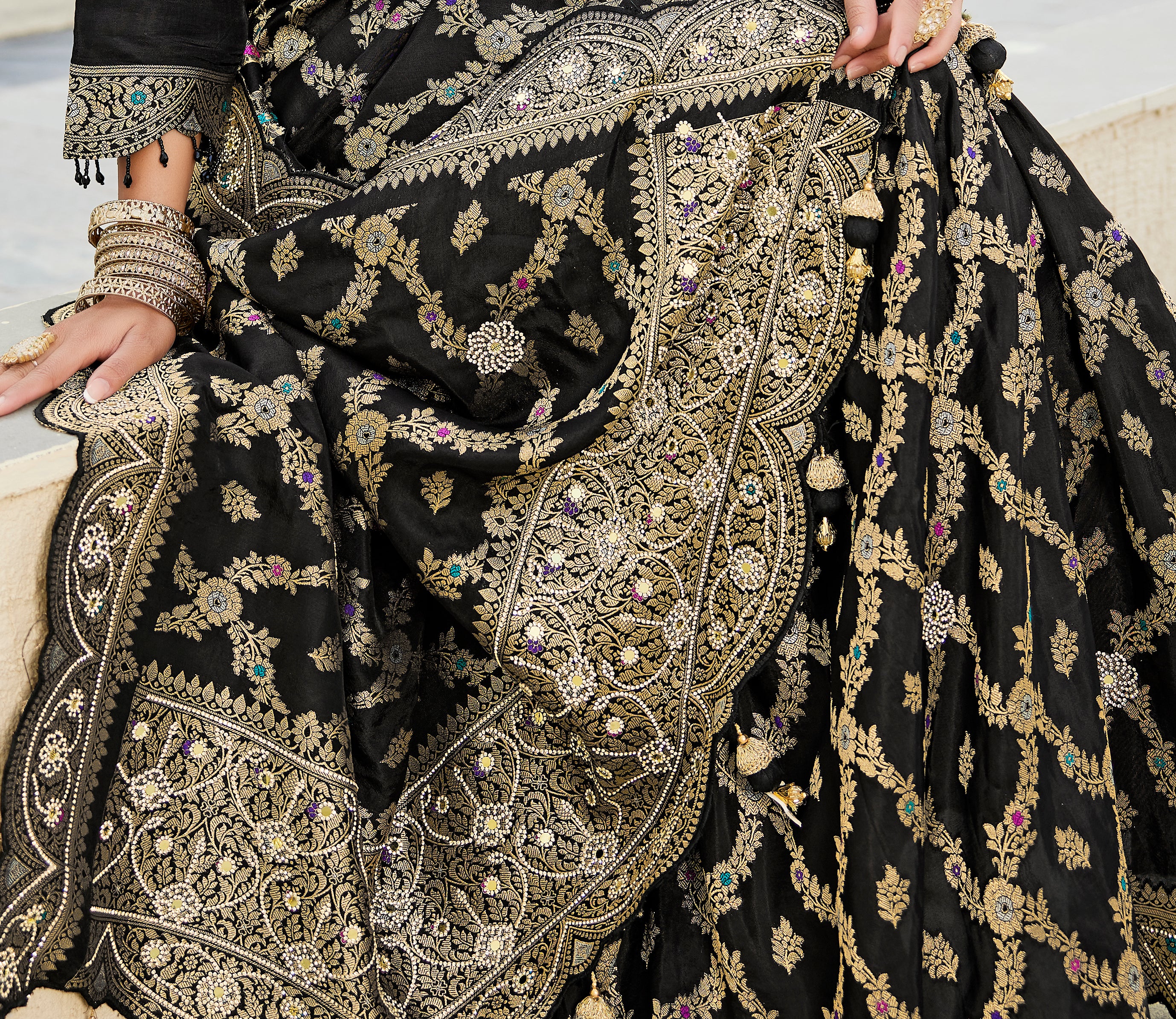 Ready-Made Black Zarkan Work Saree