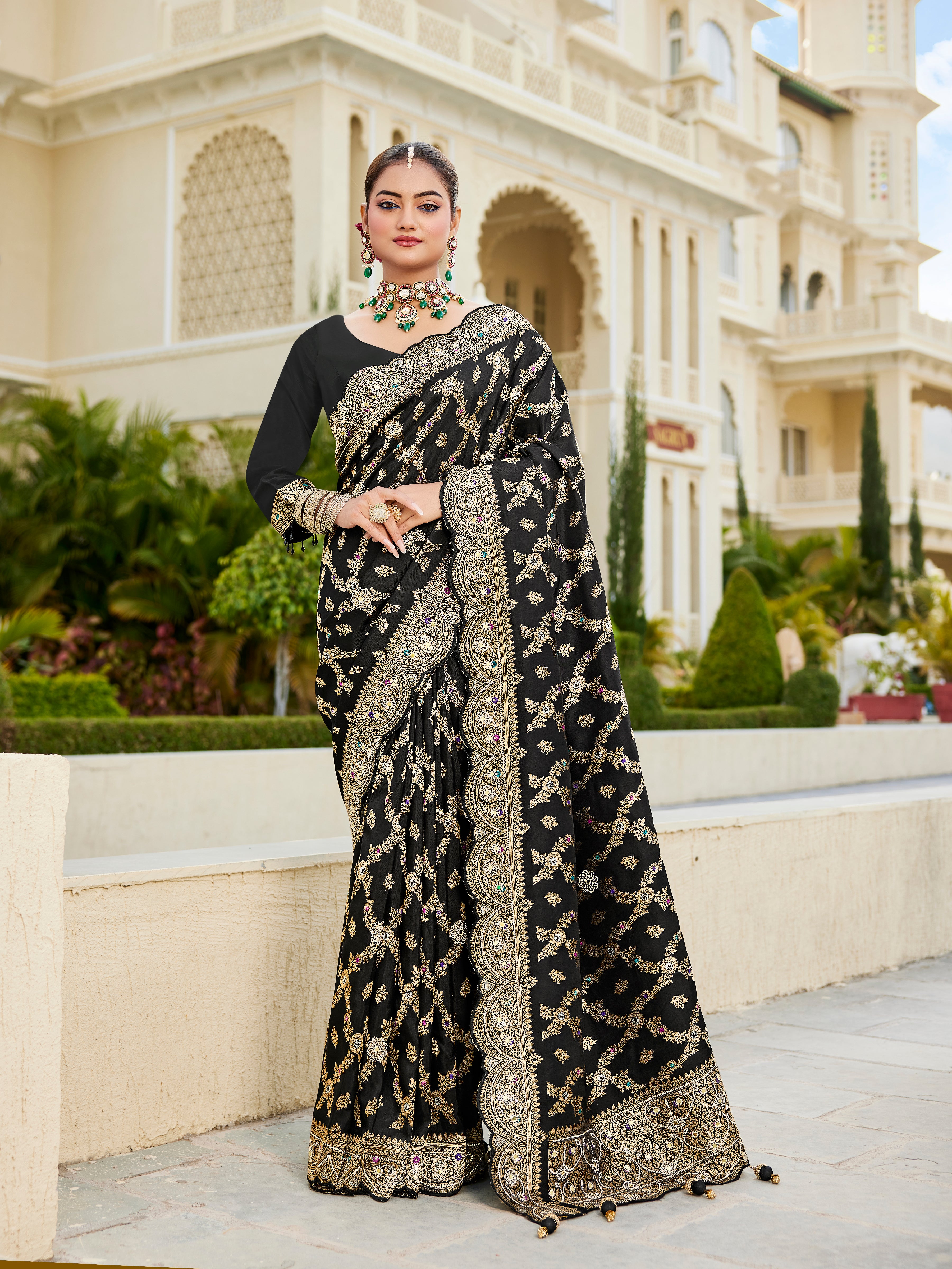Readymade black saree with zarkan work  