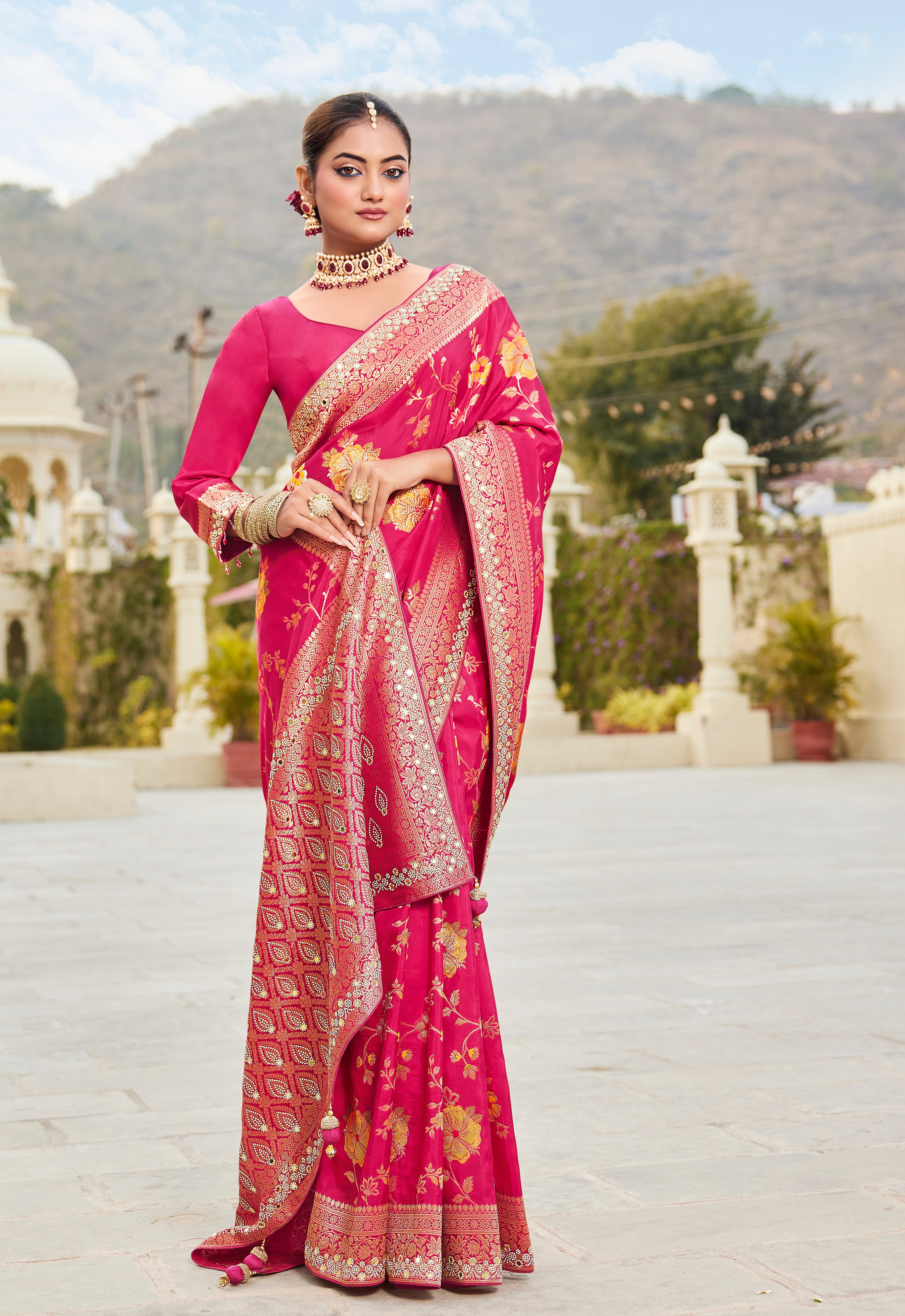 Red Zarkan Work Saree with Stitched Blouse