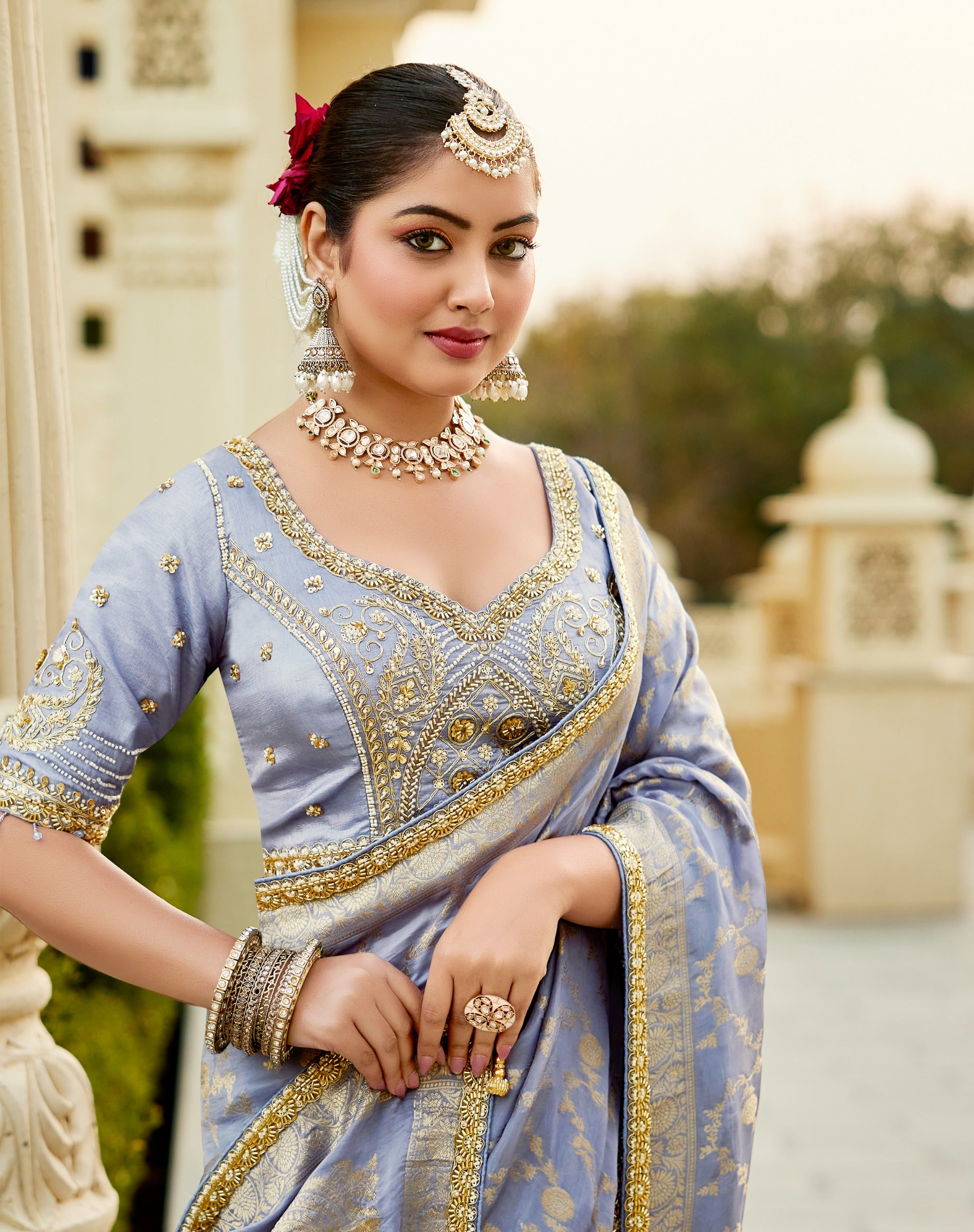 Steel Blue Zari Wedding Saree