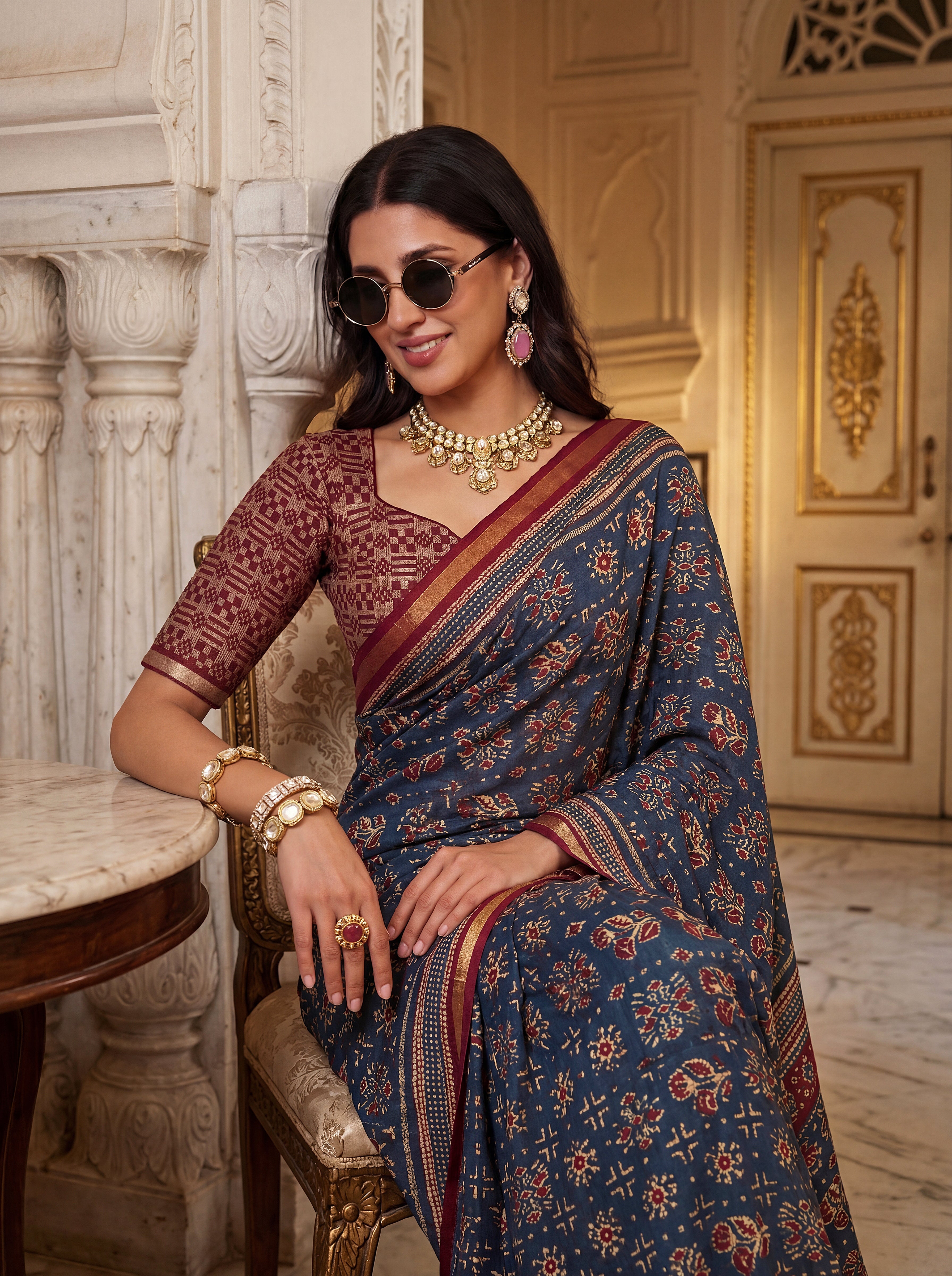 Heritage Print Saree with Zari Border