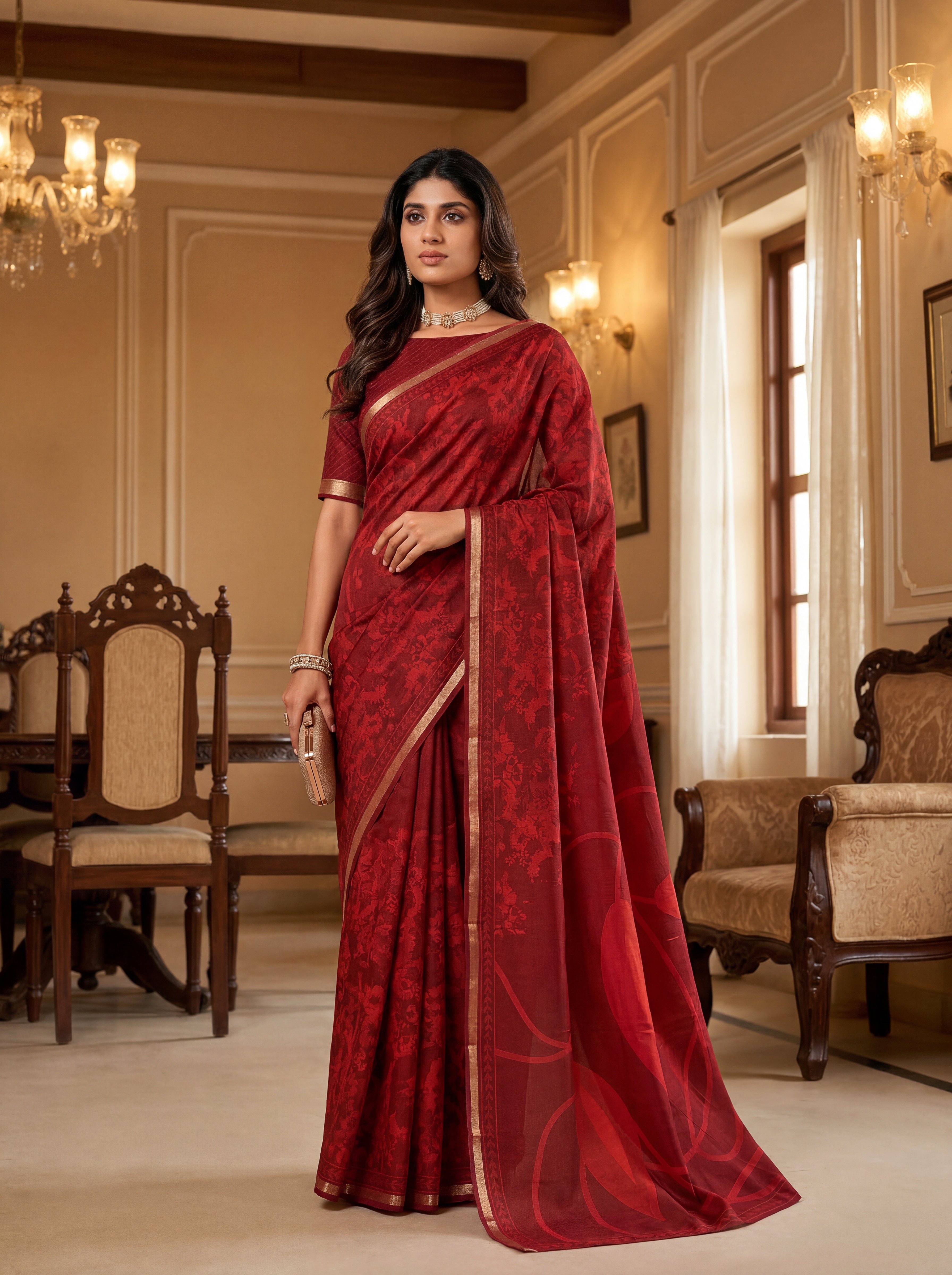 Elegant Floral Saree with Silver Border – Premium Party Wear