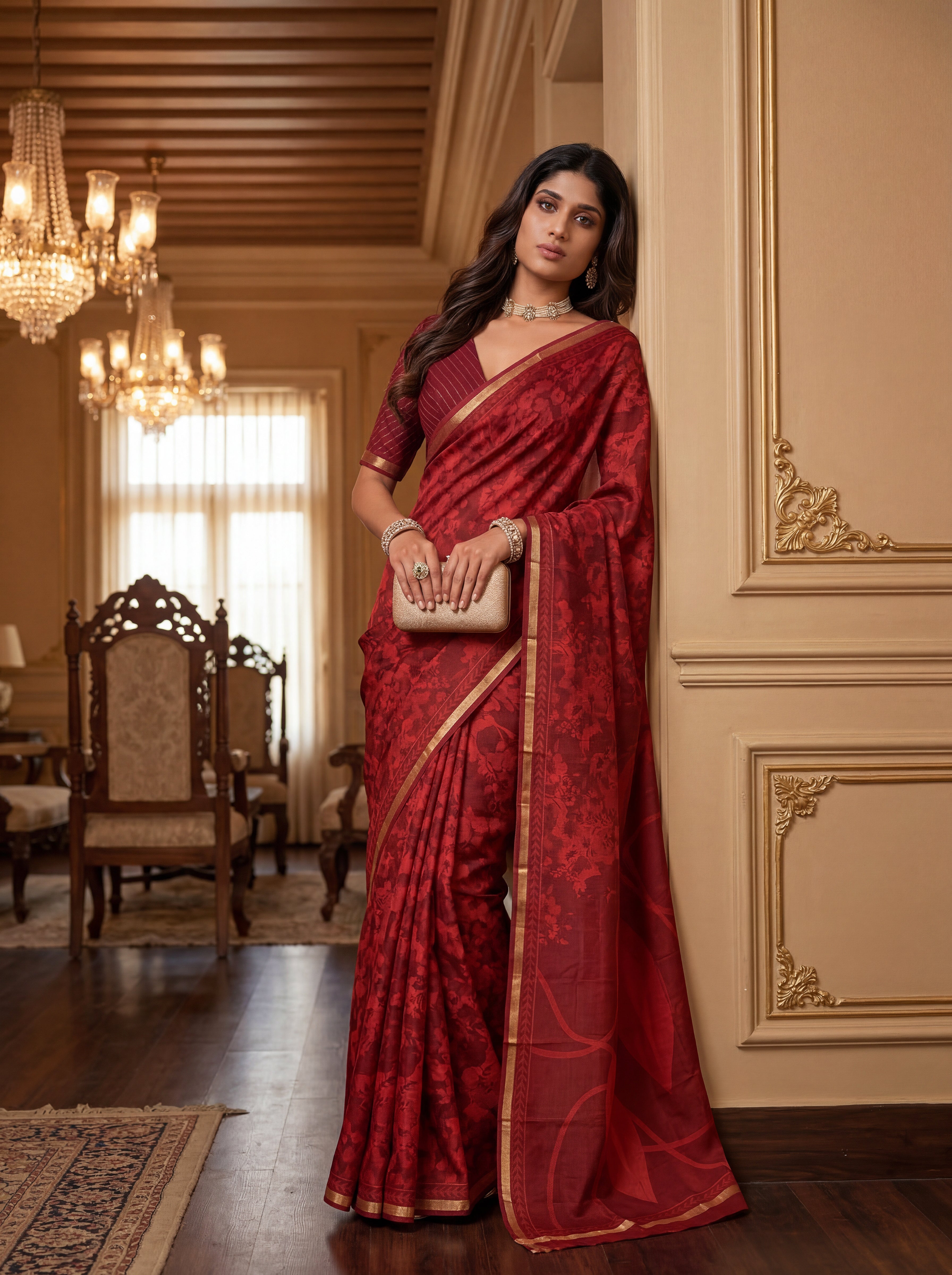 Elegant Floral Saree with Silver Border – Premium Party Wear