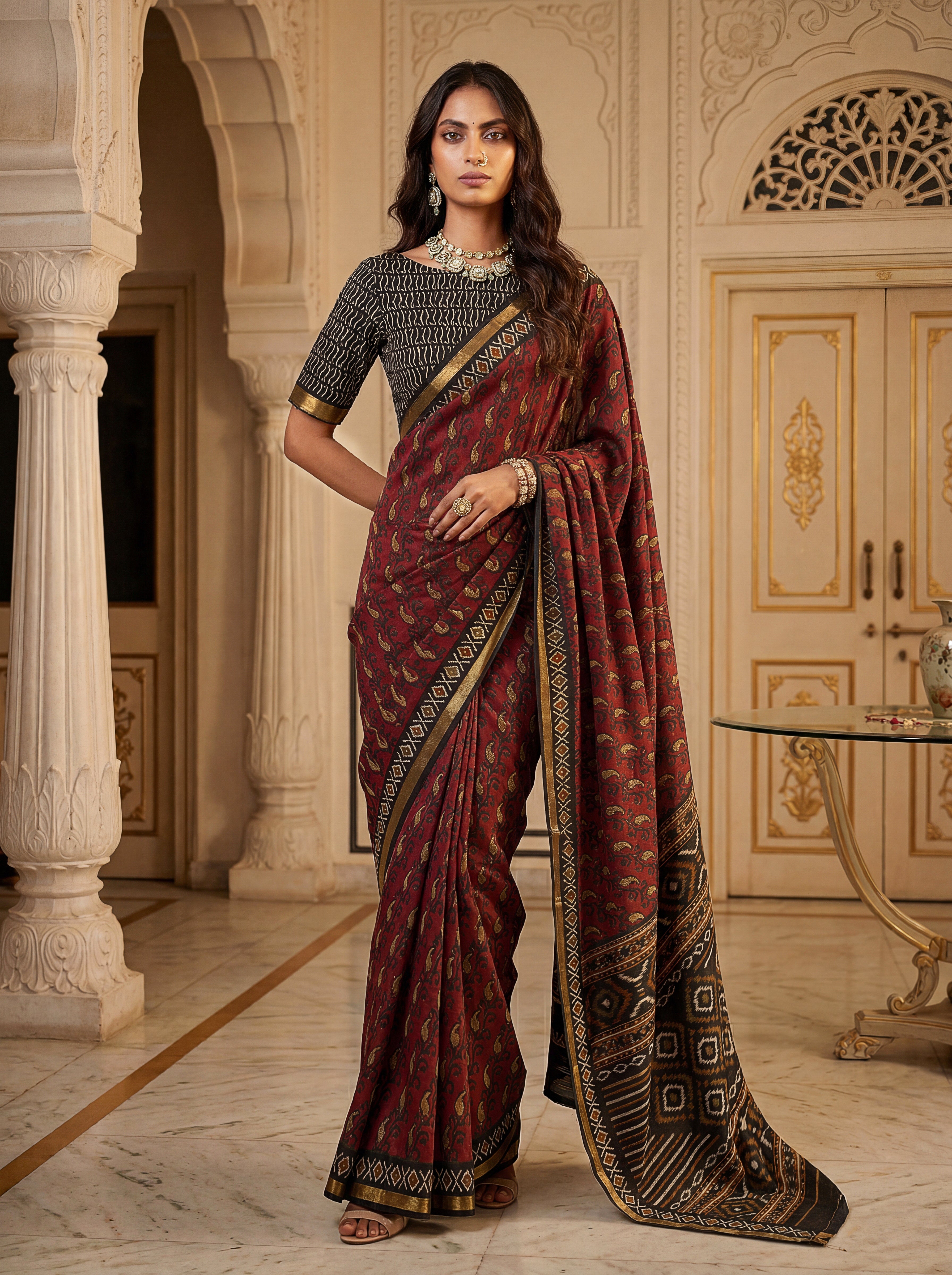 Traditional Maroon Pure Cotton Saree