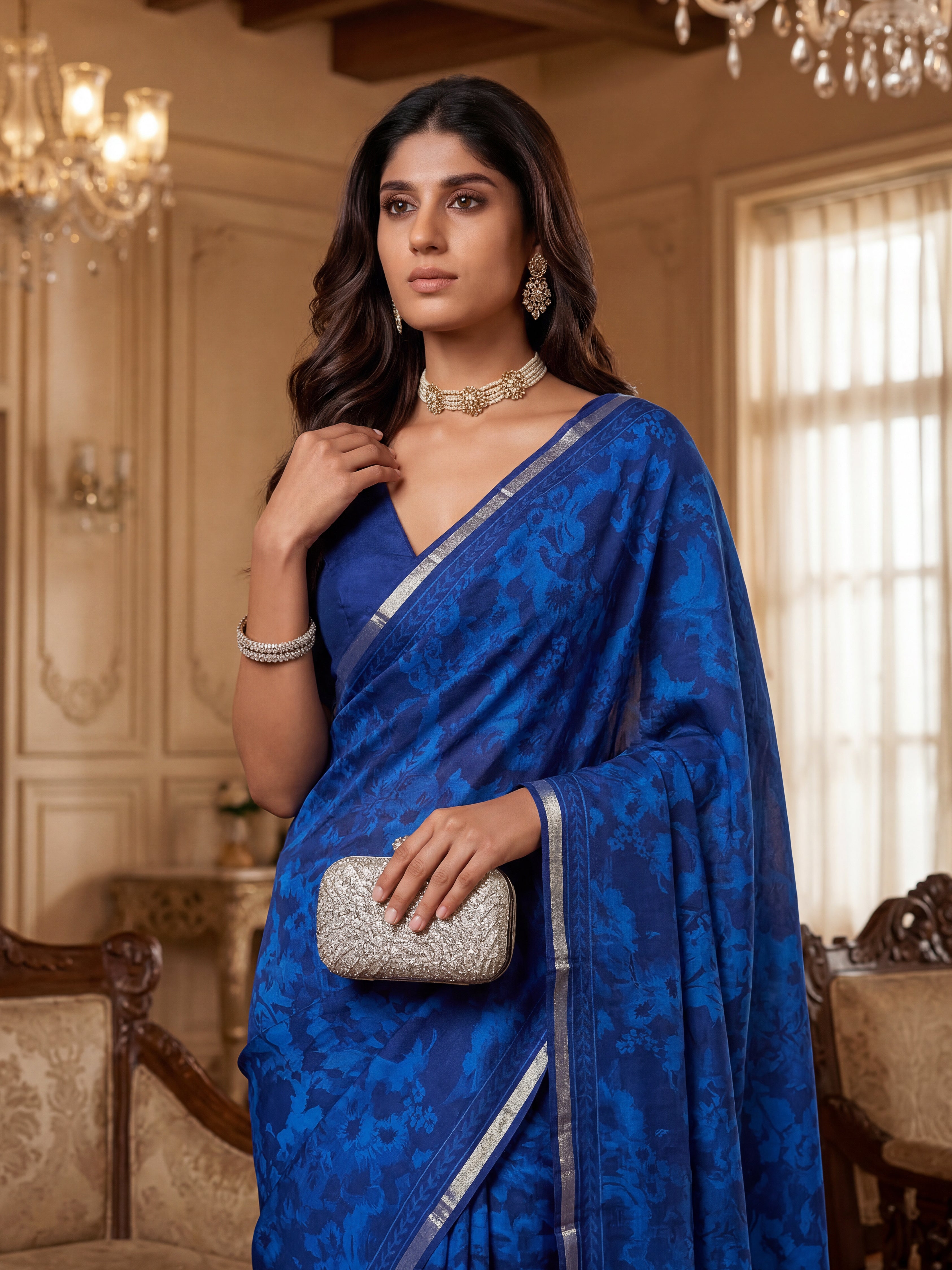 Elegant Floral Saree with Silver Border – Premium Party Wear