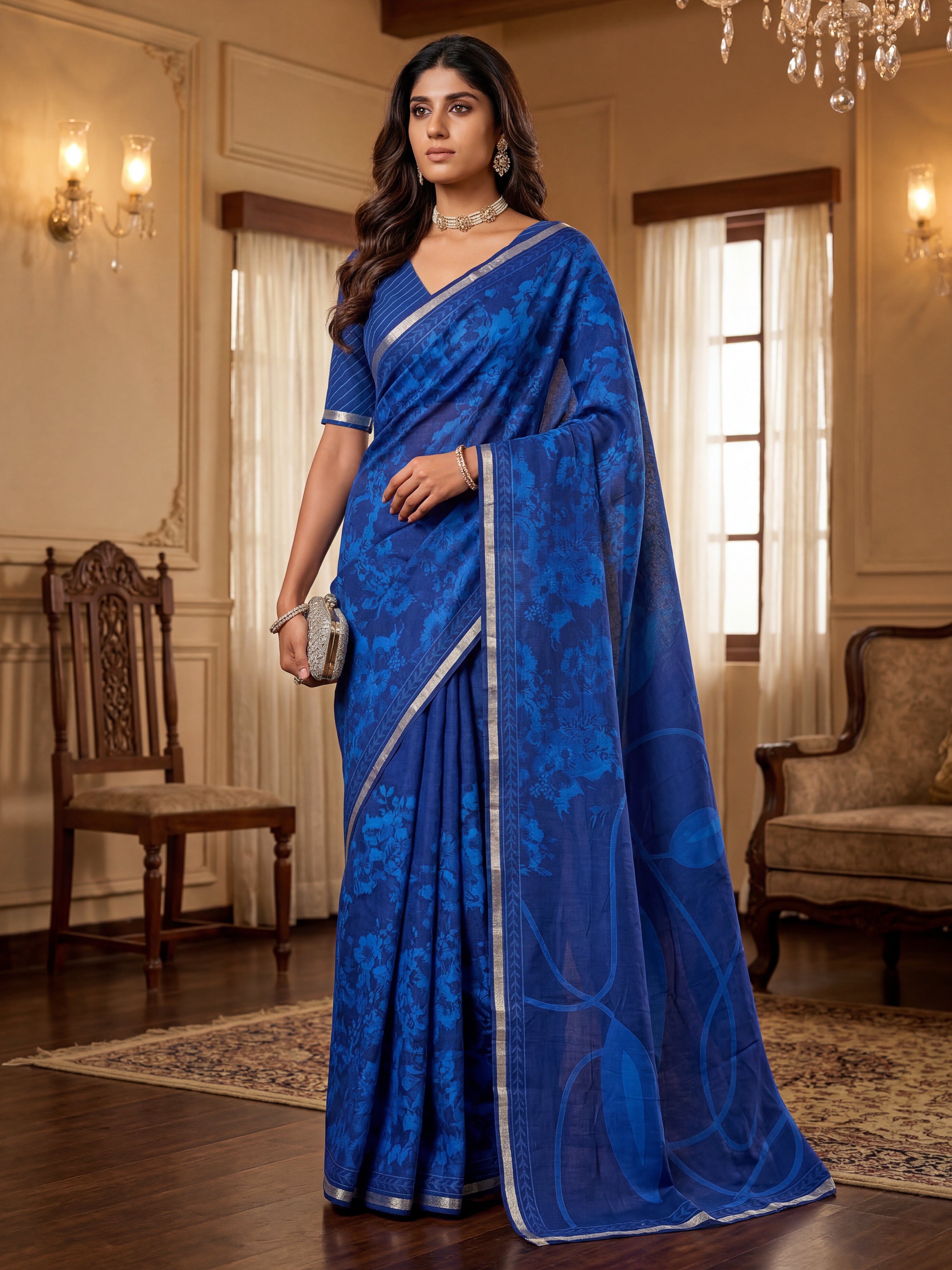 Elegant Floral Saree with Silver Border – Premium Party Wear