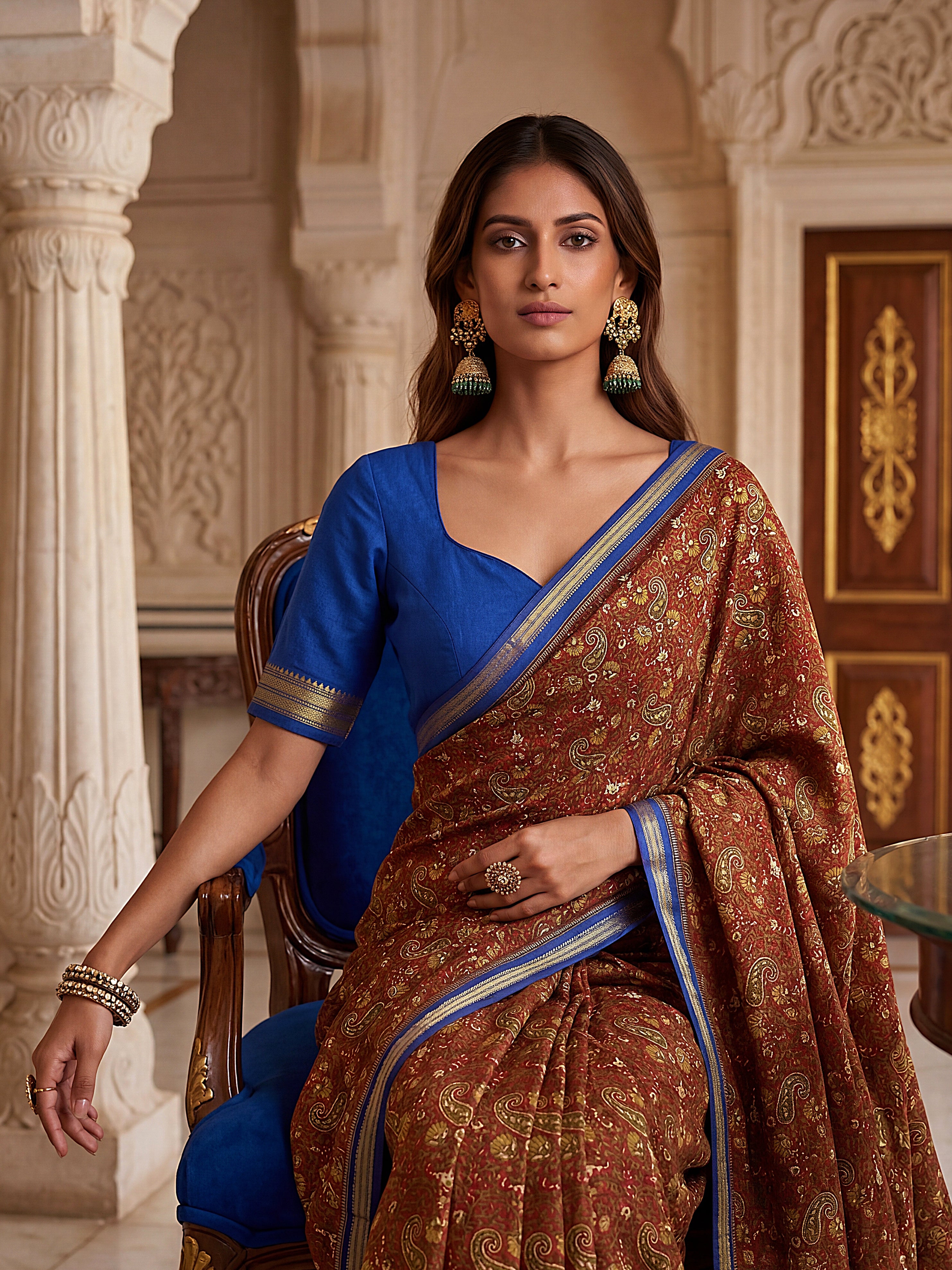 Brown Saree with Contrast Blue Border