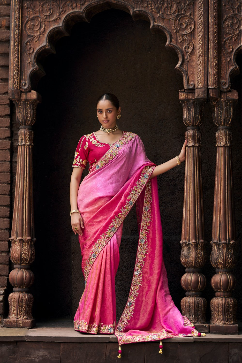 Ombre Pink Designer Saree with Intricate Embroidery – Festive Collection - Krishree
