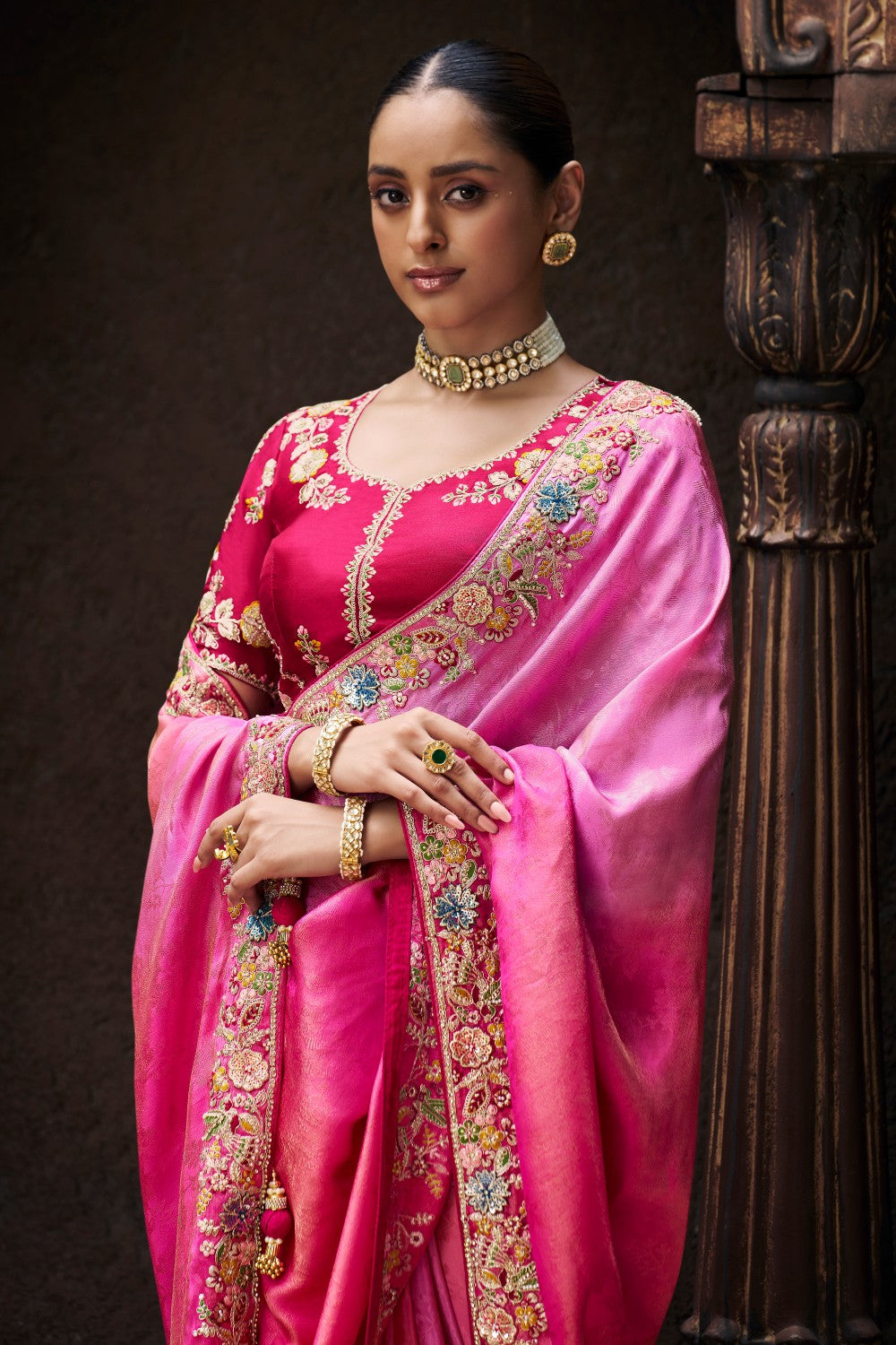 Ombre Pink Designer Saree with Intricate Embroidery – Festive Collection - Krishree