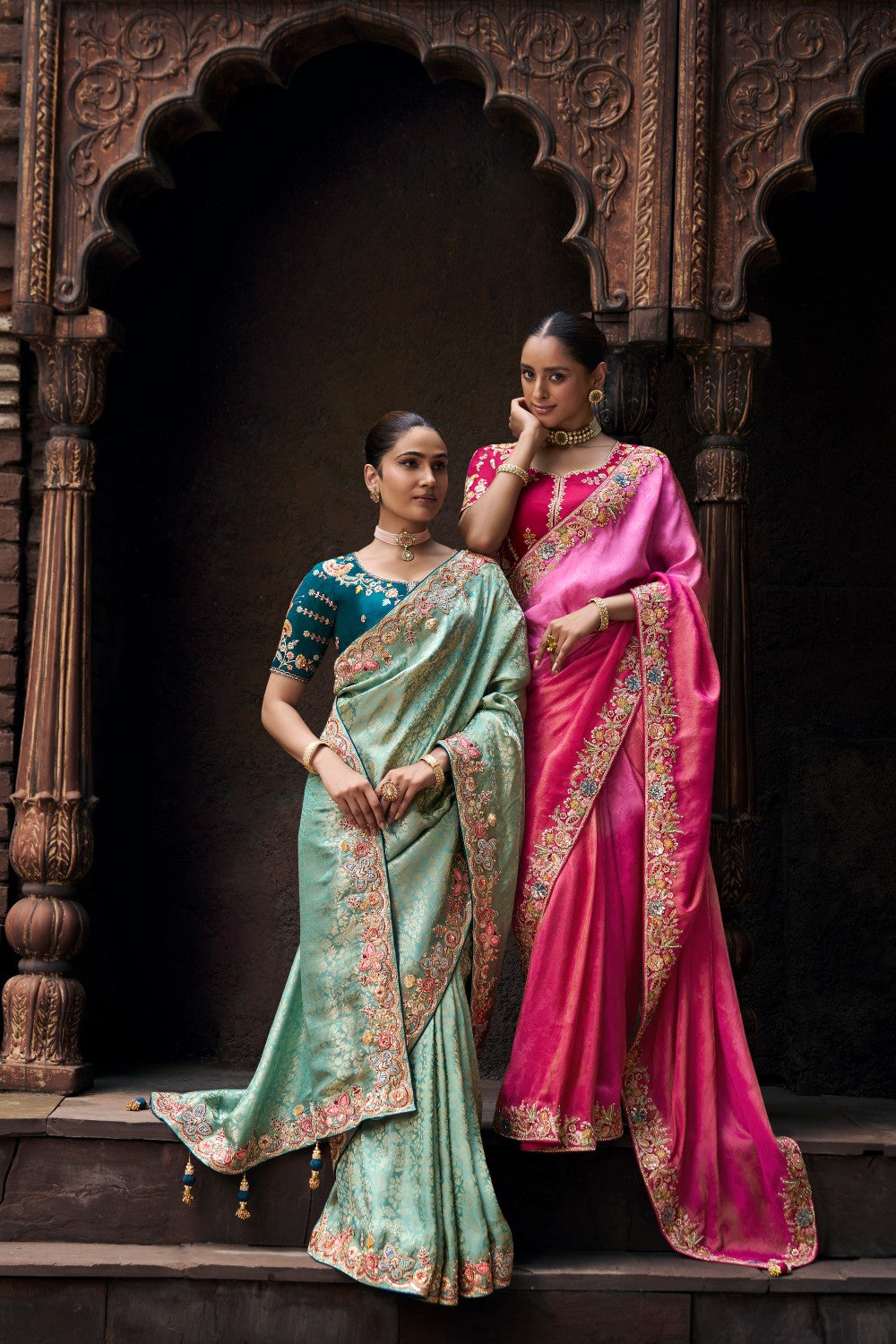 Luxury Sea Green Banarasi Style Saree with Contrast Blouse - Krishree