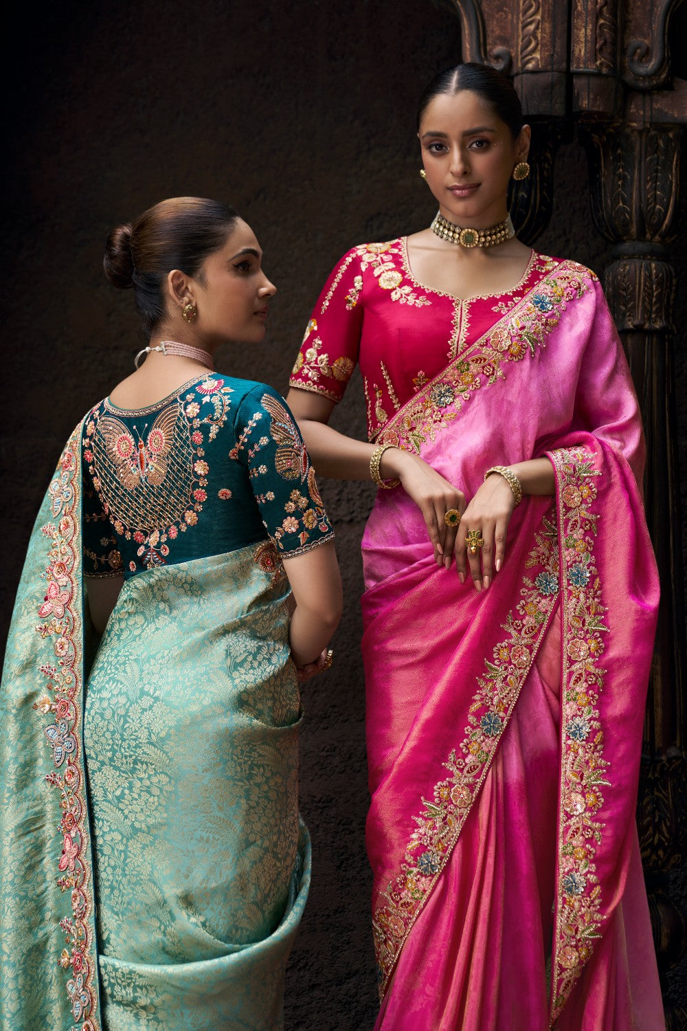 Luxury Sea Green Banarasi Style Saree with Contrast Blouse - Krishree