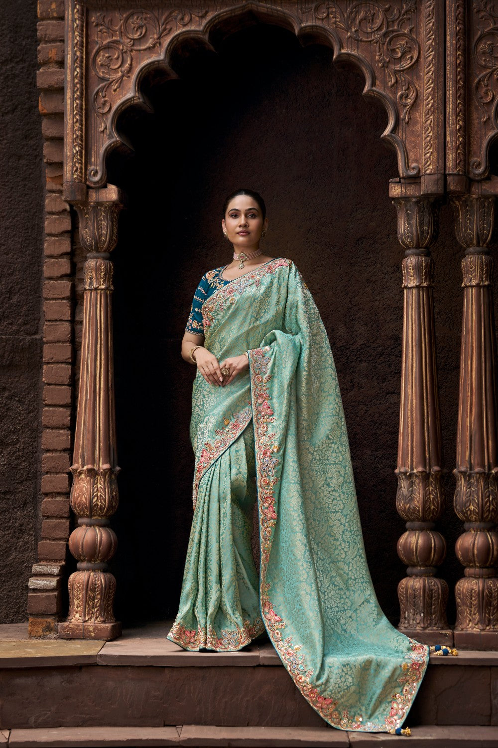 Luxury Sea Green Banarasi Style Saree with Contrast Blouse - Krishree