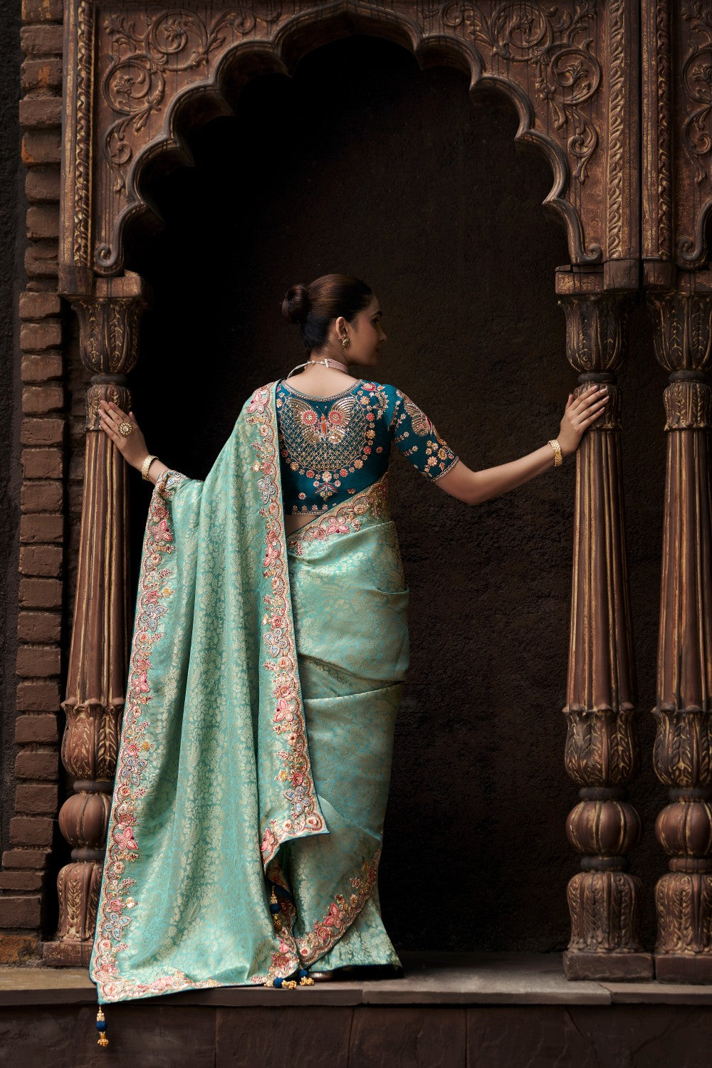 Luxury Sea Green Banarasi Style Saree with Contrast Blouse - Krishree