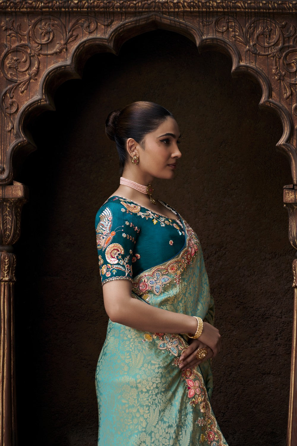 Luxury Sea Green Banarasi Style Saree with Contrast Blouse - Krishree