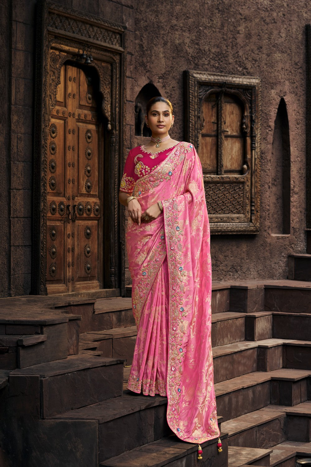 Elegant Pink Silk Saree with Heavy Embroidered Border – Wedding Collection - Krishree