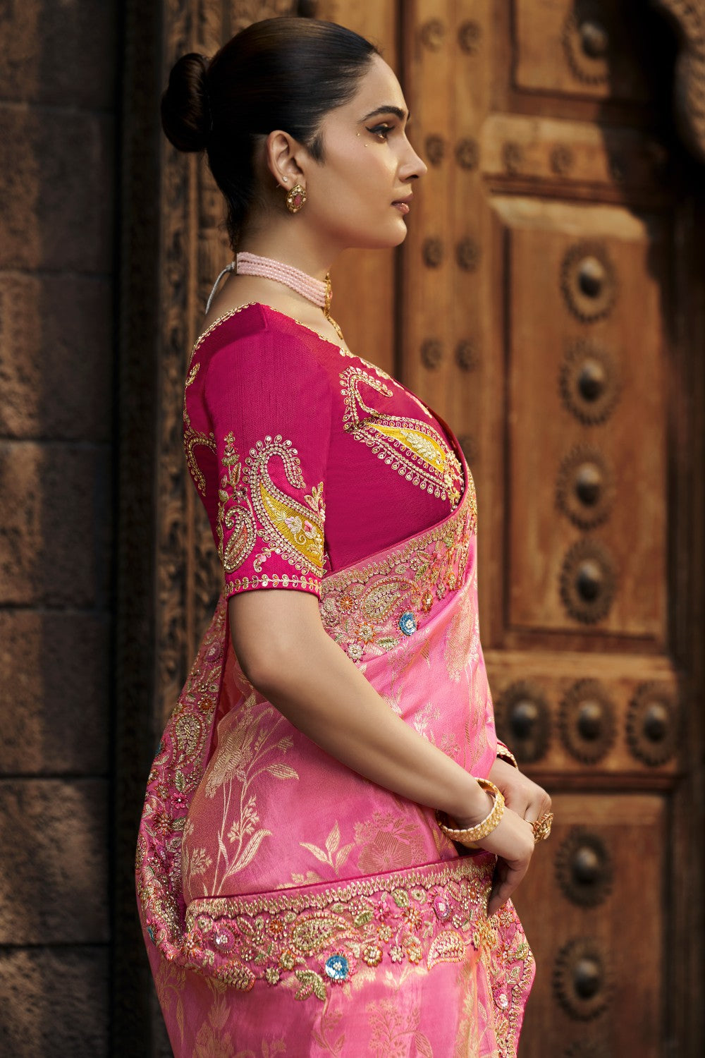 Elegant Pink Silk Saree with Heavy Embroidered Border – Wedding Collection - Krishree