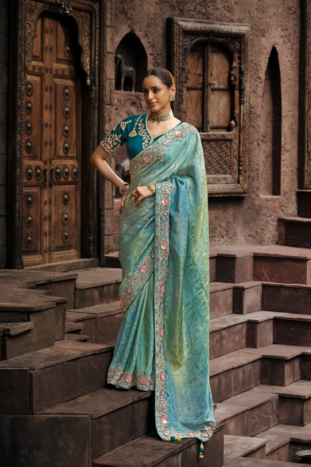 Teal Blue Saree with Embroidered Floral Border & Designer Blouse - Krishree