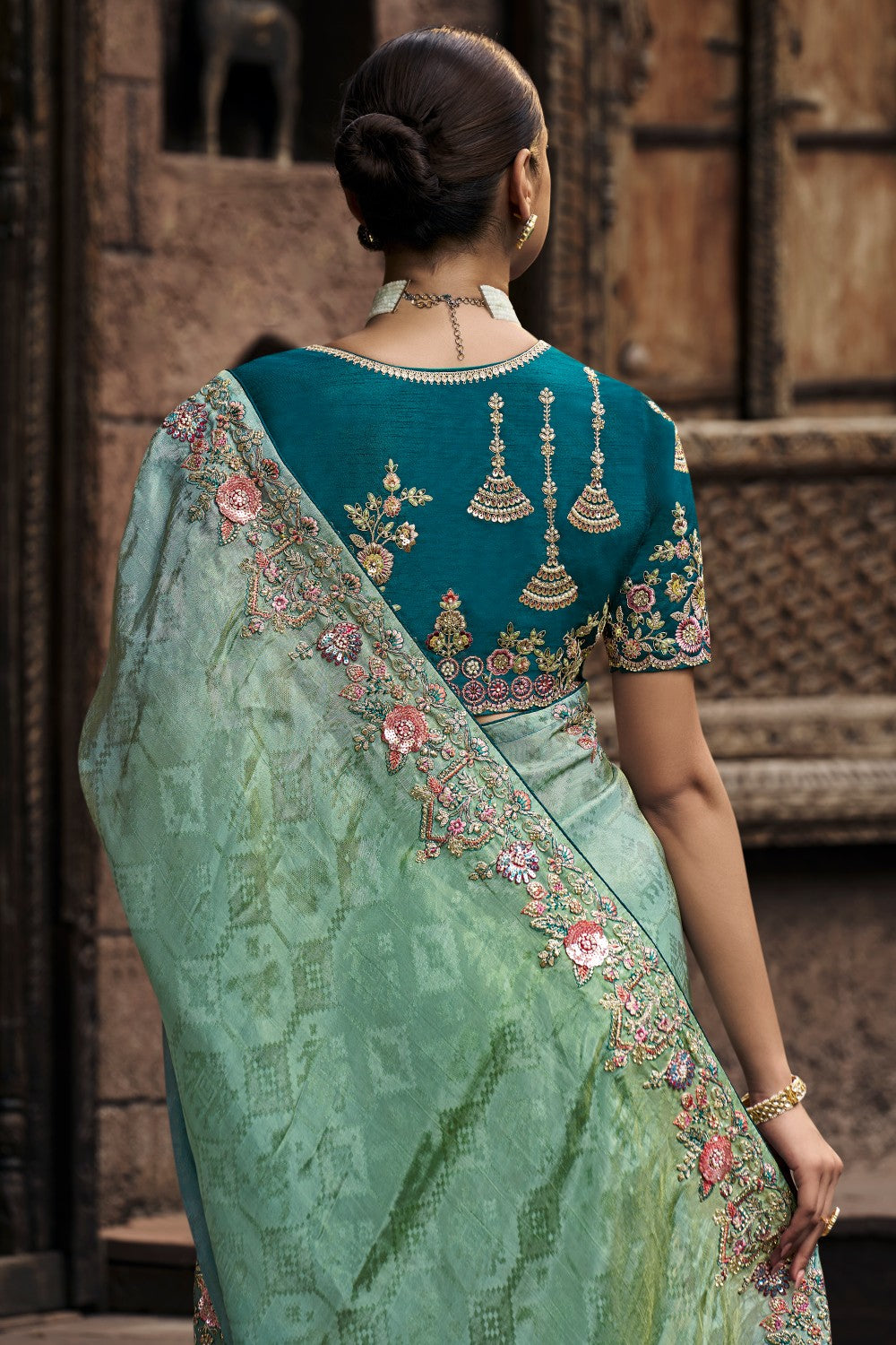Teal Blue Saree with Embroidered Floral Border & Designer Blouse - Krishree